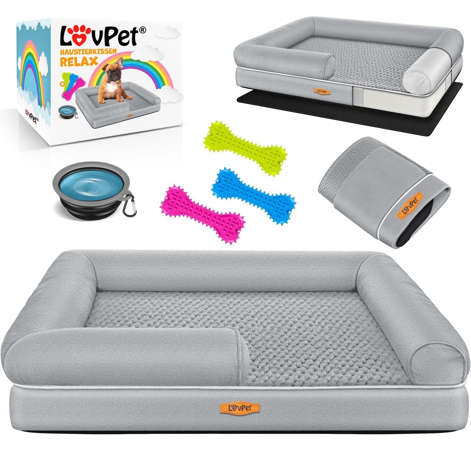 LovPet® Orthopädisches Hundebett Hundekissen Hundekorb Relax, Inkl. Napf + 3X Kauknochen, Hundesofa für Kleine, Mittelgroße & Große Hunde, Bezug abnehmbar und waschbar | 04255598308786