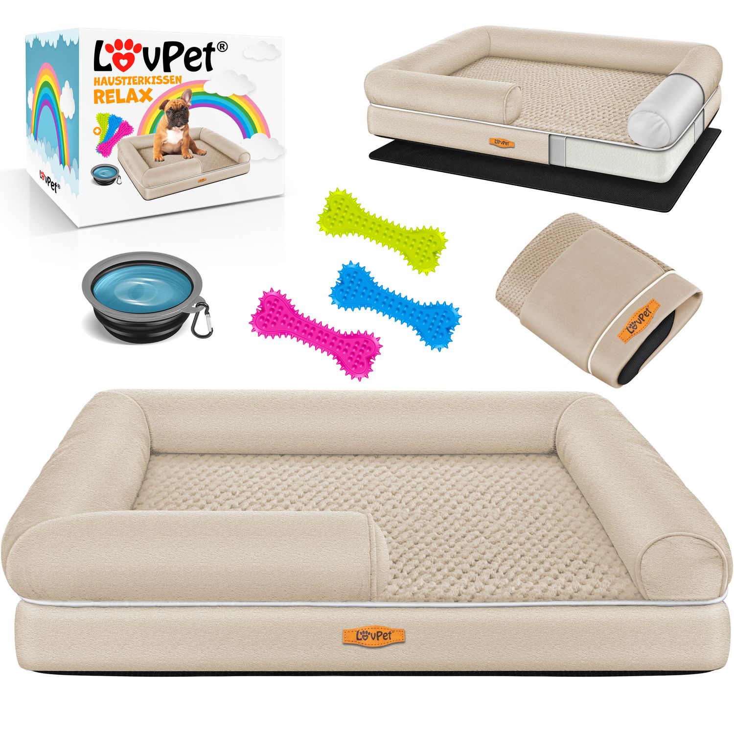 LovPet&reg; Orthop&auml;disches Hundebett Hundekissen Hundekorb Relax, Inkl. Napf + 3X Kauknochen, Hundesofa f&uuml;r Kleine, Mittelgro&szlig;e & Gro&szlig;e Hunde, Bezug abnehmbar und waschbar - Bild 1