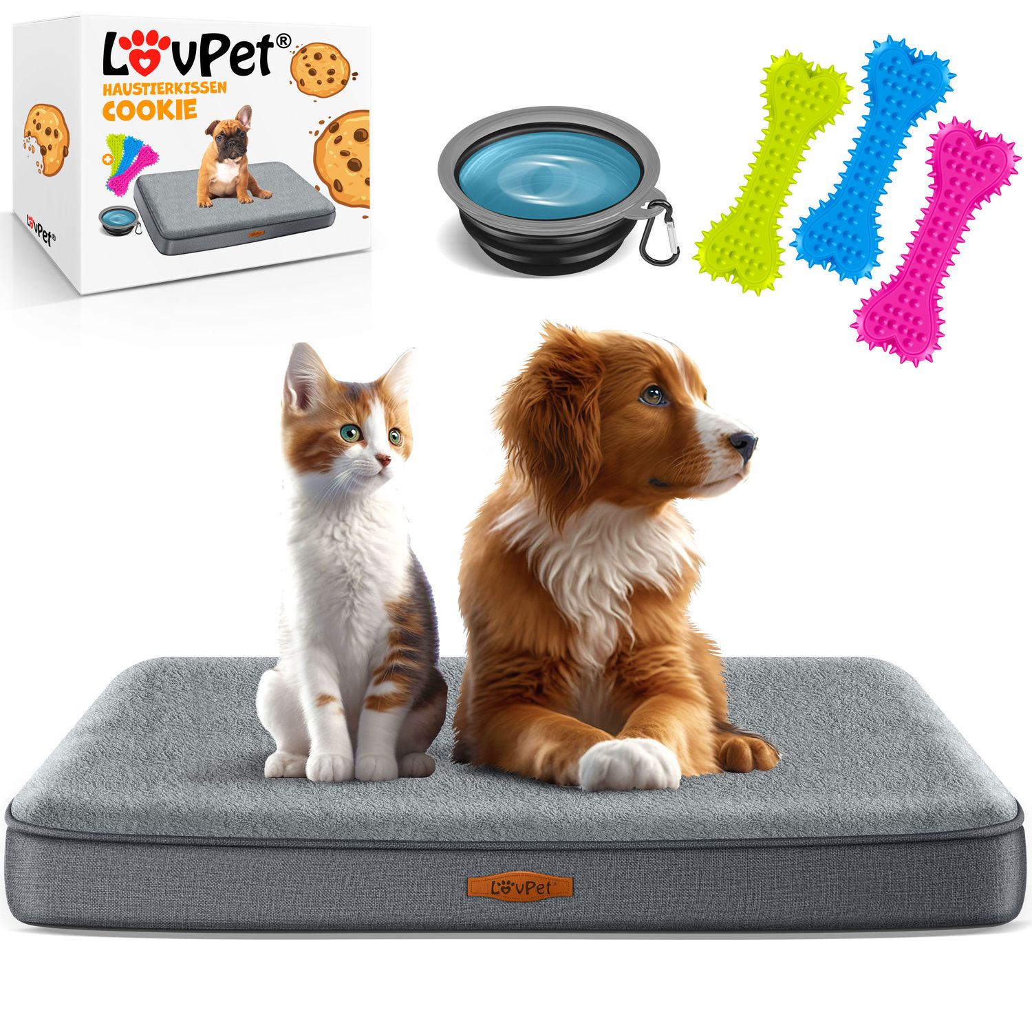 LovPet&reg; Hundebett orthop&auml;disches Hundekissen Hundekorb Cookie, Inkl. Napf + 3X Kauknochen, Hundesofa f&uuml;r Kleine, Mittelgro&szlig;e & Gro&szlig;e Hunde, Bezug abnehmbar und waschbar - Bild 1