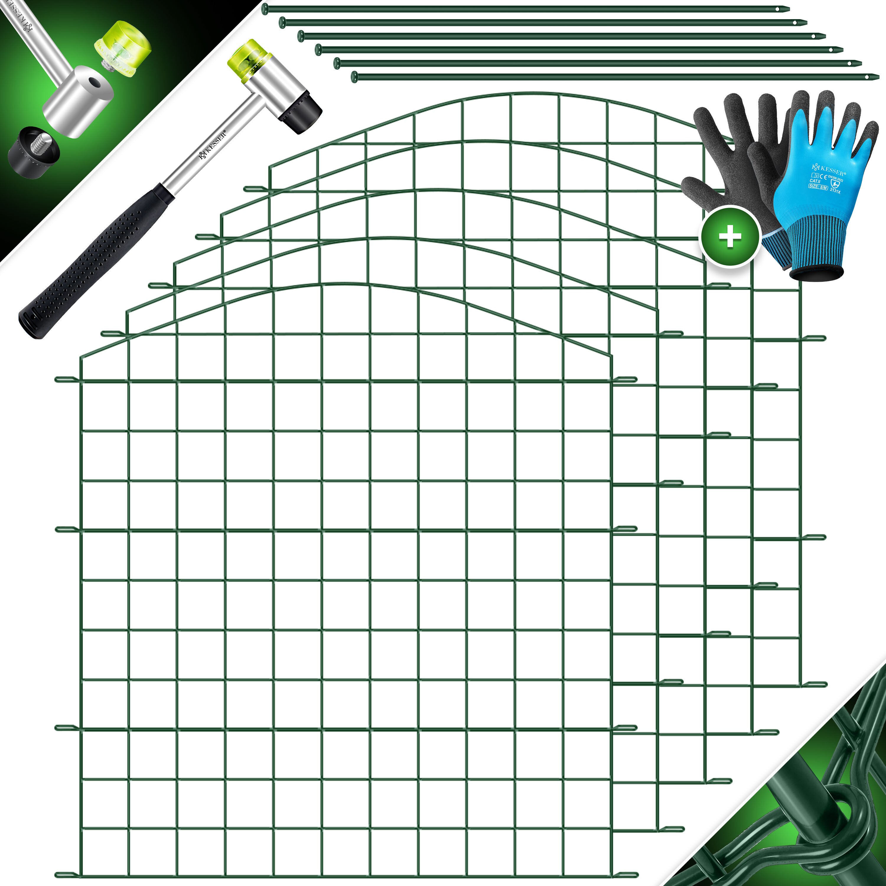 KESSER&reg; Teichzaun Gartenzaun Steckzaun Komplettset Metall Zaunelemente Inkl. Hammer + Befestigungsst&auml;ben, Zaun zum stecken f&uuml;r Garten, Oberbogen Rund Gitterzaun Set Freigehege f&uuml;r Hunde - Bild 1
