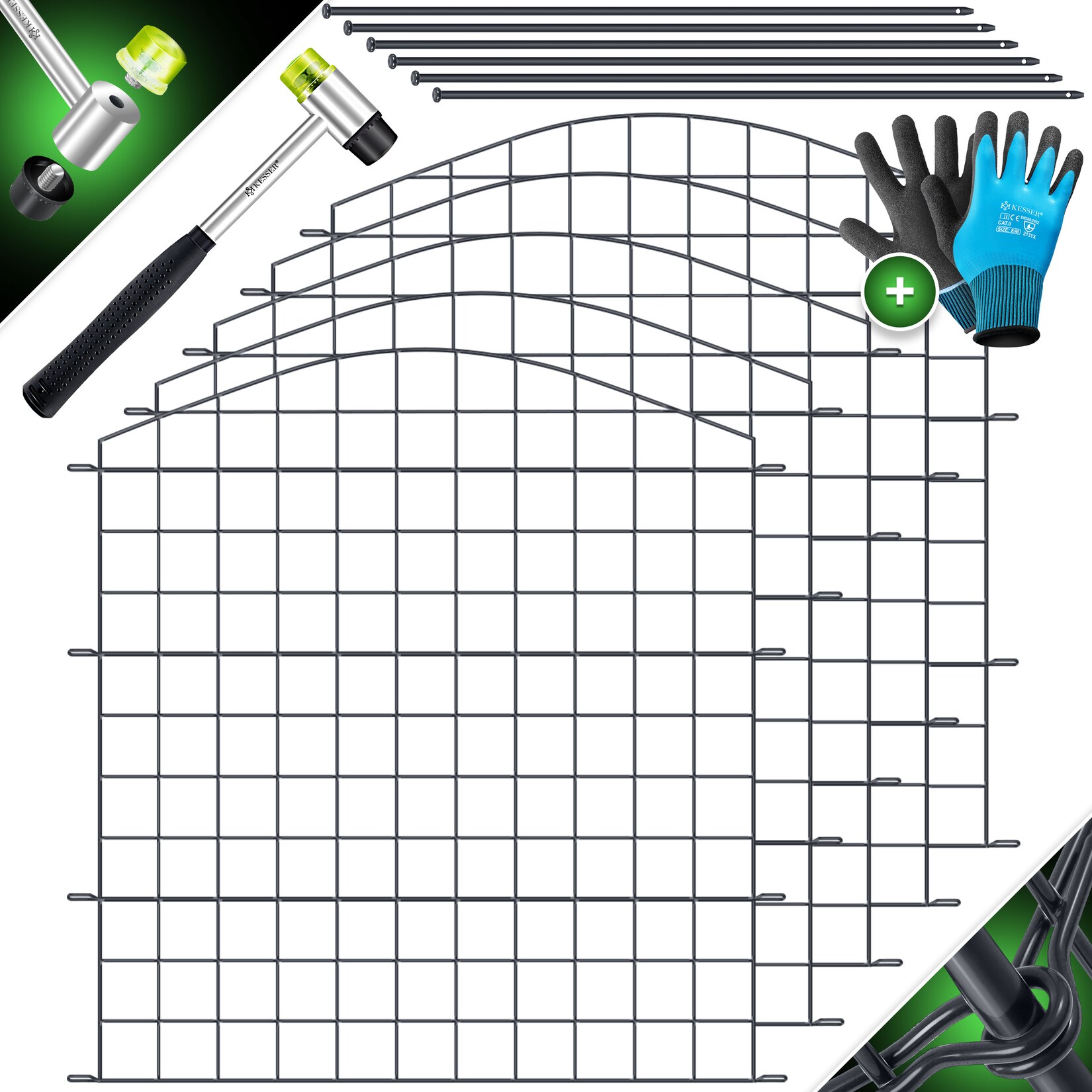 KESSER® Teichzaun Gartenzaun Steckzaun Komplettset Metall Zaunelemente Inkl. Hammer + Befestigungsstäben, Zaun zum stecken für Garten, Oberbogen Rund Gitterzaun Set Freigehege für Hunde