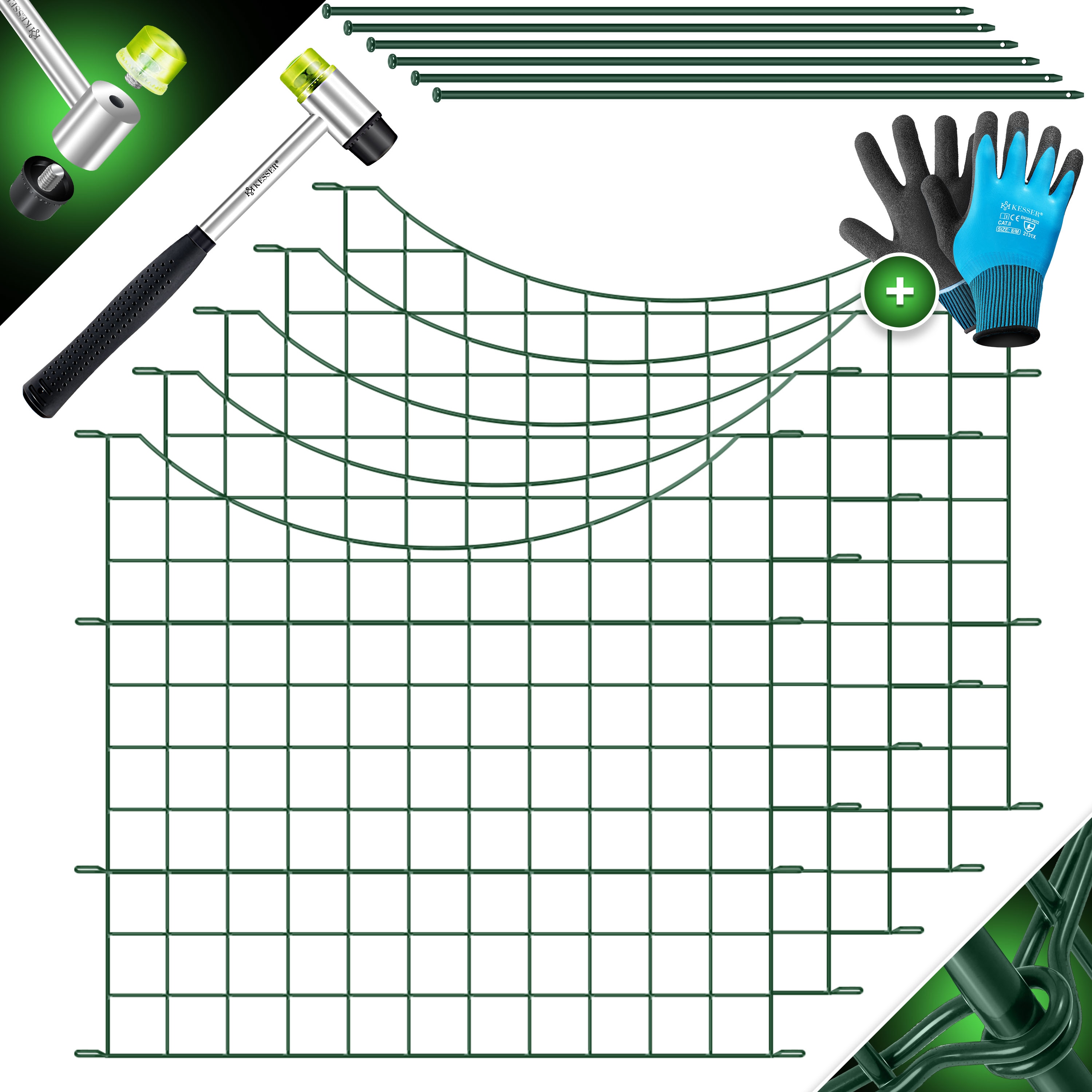 KESSER&reg; Teichzaun Gartenzaun Steckzaun Komplettset Metall Zaunelemente Inkl. Hammer + Befestigungsst&auml;ben, Zaun zum stecken f&uuml;r Garten, Oberbogen Rund Gitterzaun Set Freigehege f&uuml;r Hunde - Bild 1