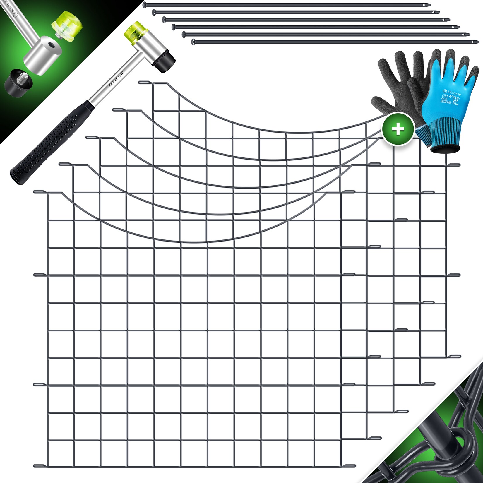 KESSER® Teichzaun Gartenzaun Steckzaun Komplettset Metall Zaunelemente Inkl. Hammer + Befestigungsstäben, Zaun zum stecken für Garten, Oberbogen Rund Gitterzaun Set Freigehege für Hunde