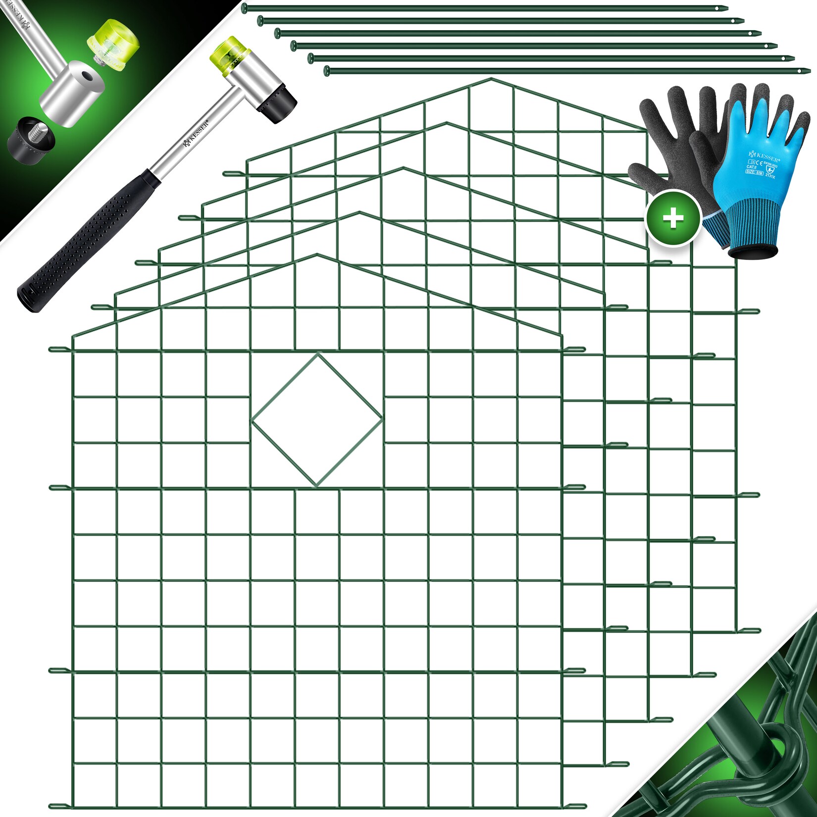 KESSER® Teichzaun Gartenzaun Steckzaun Komplettset Metall Zaunelemente Inkl. Hammer + Befestigungsstäben, Zaun zum stecken für Garten, Oberbogen Rund Gitterzaun Set Freigehege für Hunde