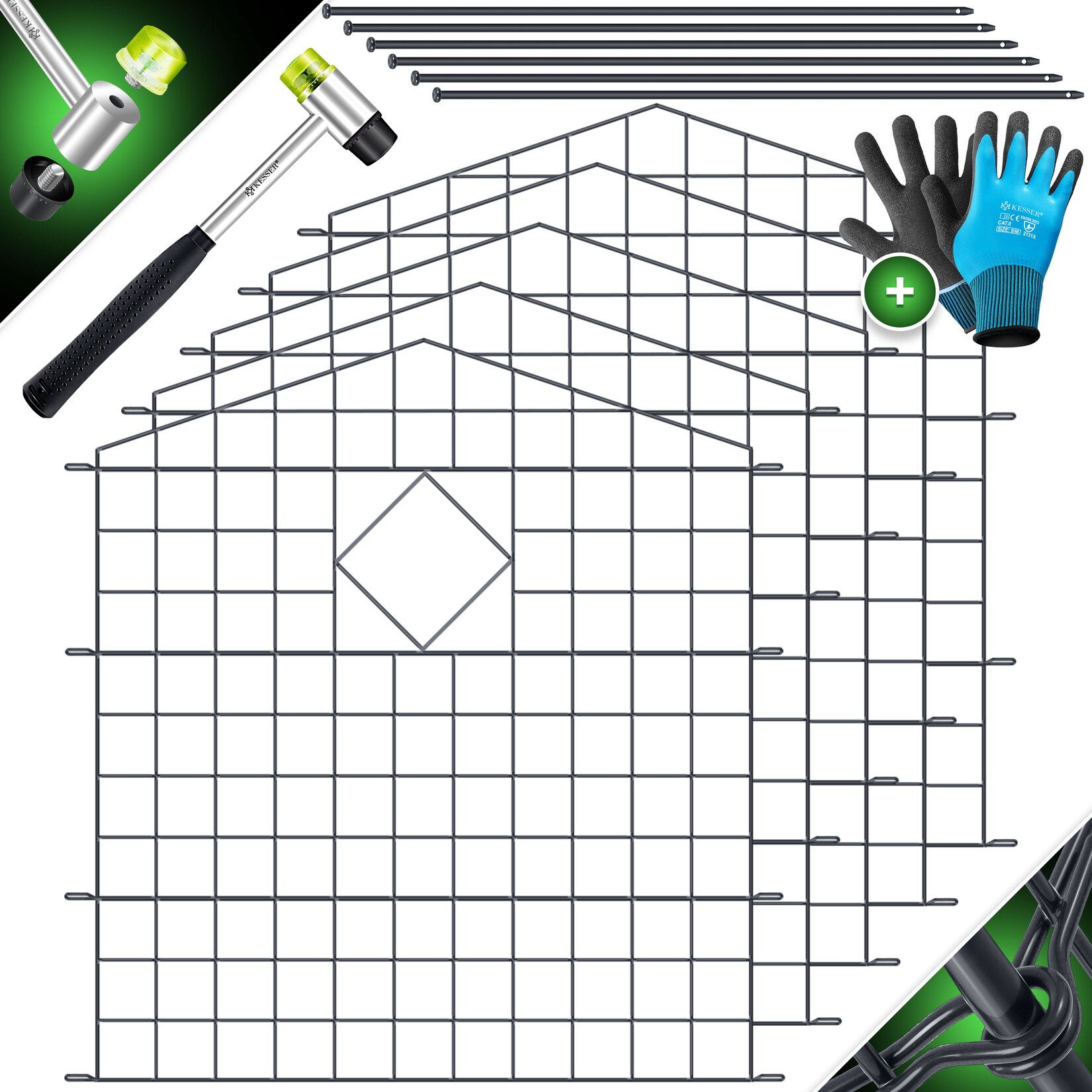 KESSER® Teichzaun Gartenzaun Steckzaun Komplettset Metall Zaunelemente Inkl. Hammer + Befestigungsstäben, Zaun zum stecken für Garten, Oberbogen Rund Gitterzaun Set Freigehege für Hunde