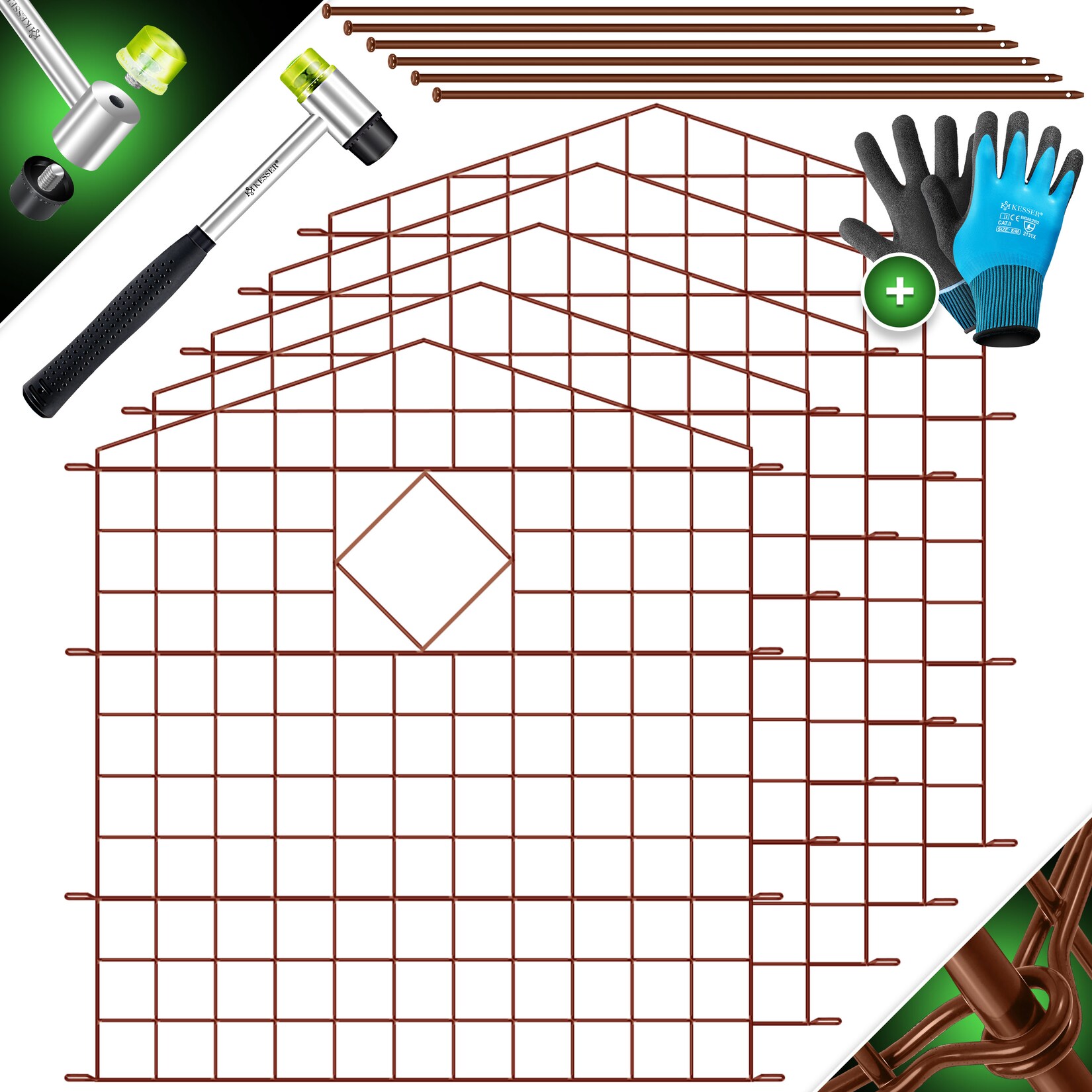 KESSER® Teichzaun Gartenzaun Steckzaun Komplettset Metall Zaunelemente Inkl. Hammer + Befestigungsstäben, Zaun zum stecken für Garten, Oberbogen Rund Gitterzaun Set Freigehege für Hunde