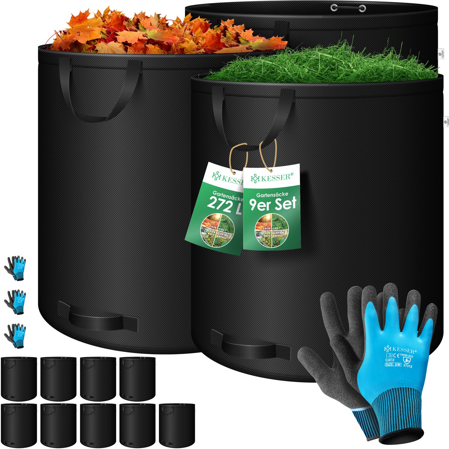 KESSER&reg; Gartensack Set Laubsack Gartenabfallsack inkl. Handschuhe - Selbststehend 4 Griffe Stabil Robust & Faltbar - Laubs&auml;cke Rasenschnitt Gartens&auml;cke f&uuml;r Gartenabf&auml;lle Gr&uuml;nschnitt - Bild 1