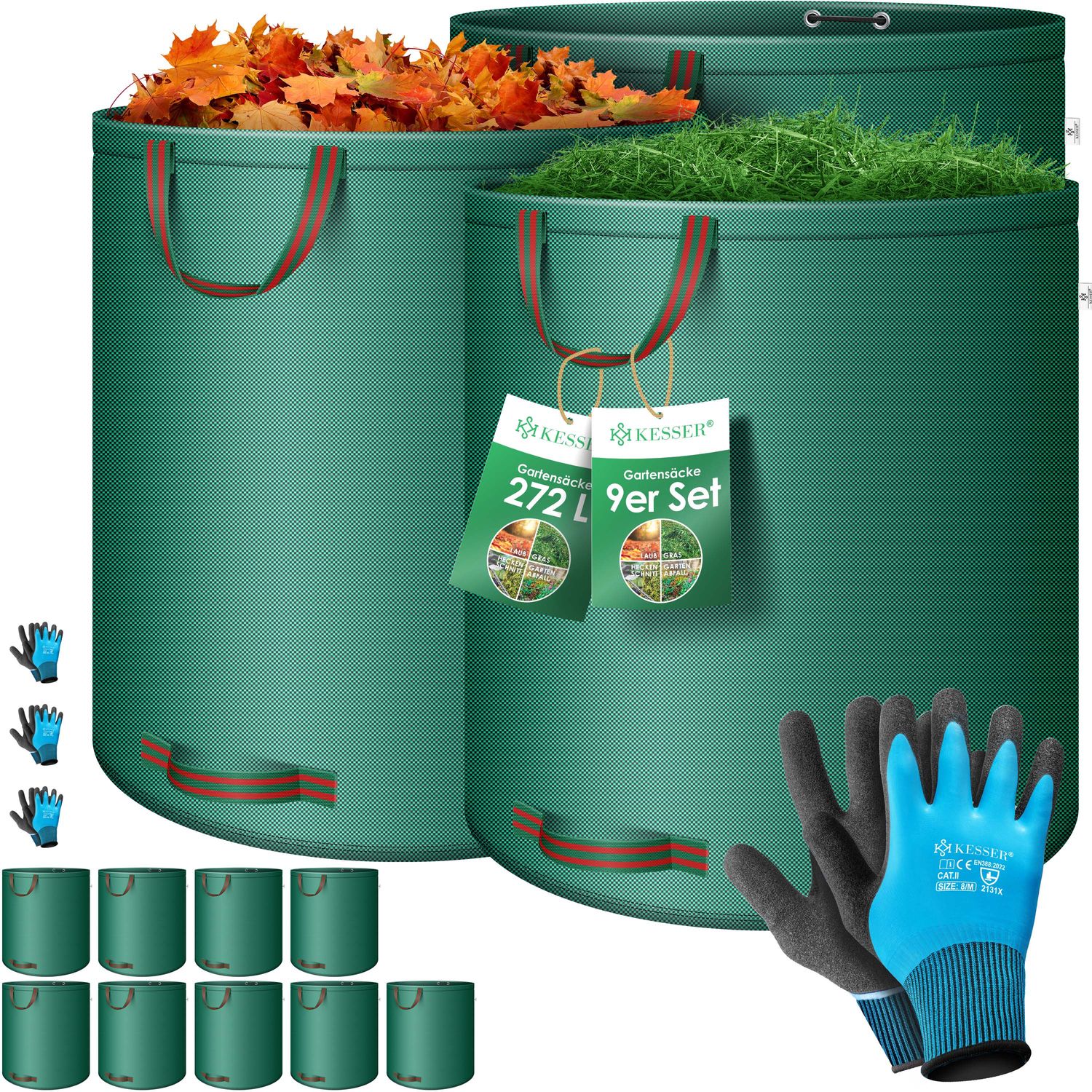 KESSER&reg; Gartensack Set Laubsack Gartenabfallsack inkl. Handschuhe - Selbststehend 4 Griffe Stabil Robust & Faltbar - Laubs&auml;cke Rasenschnitt Gartens&auml;cke f&uuml;r Gartenabf&auml;lle Gr&uuml;nschnitt - Bild 1