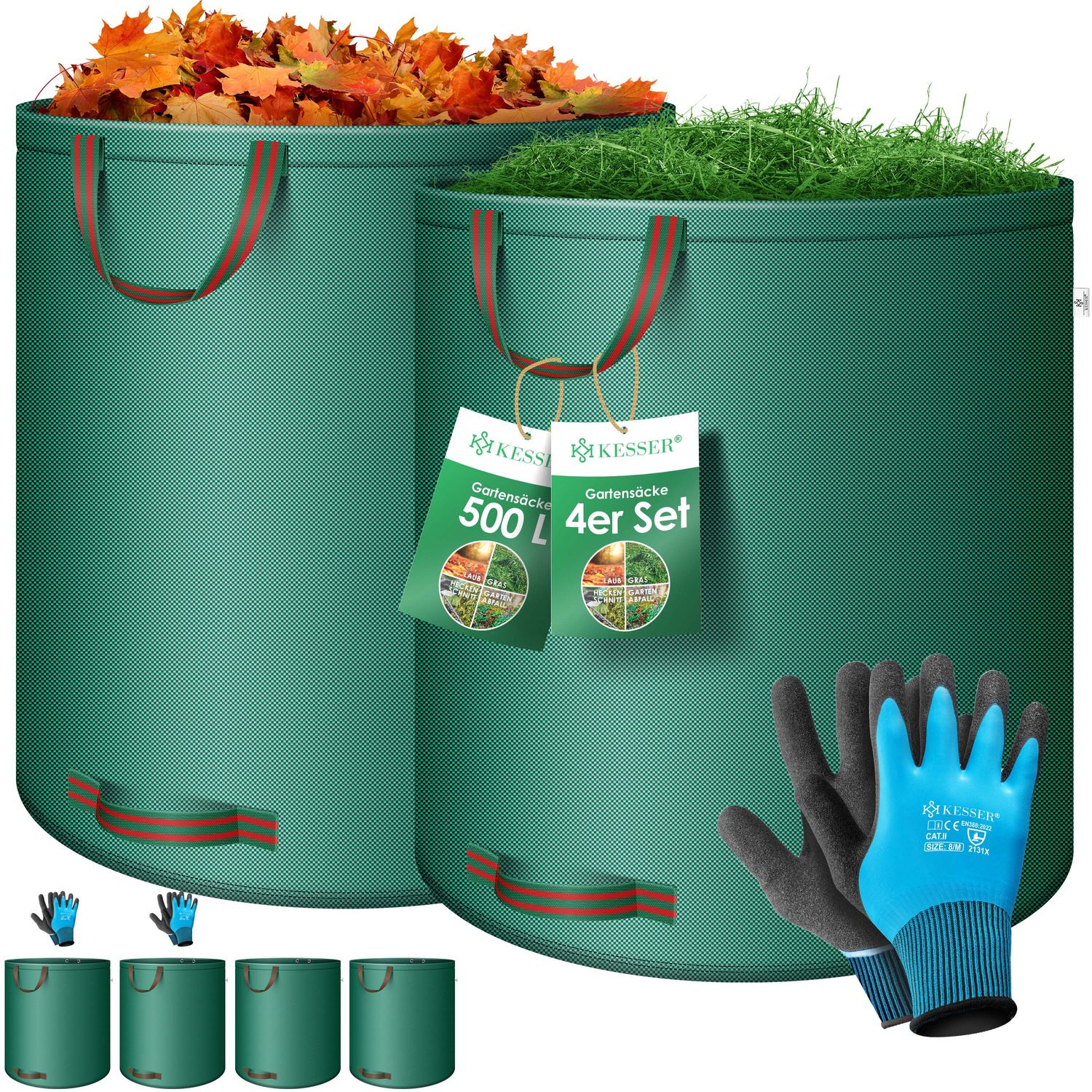 KESSER&reg; Gartensack Set Laubsack Gartenabfallsack inkl. Handschuhe - Selbststehend 4 Griffe Stabil Robust & Faltbar - Laubs&auml;cke Rasenschnitt Gartens&auml;cke f&uuml;r Gartenabf&auml;lle Gr&uuml;nschnitt - Bild 1