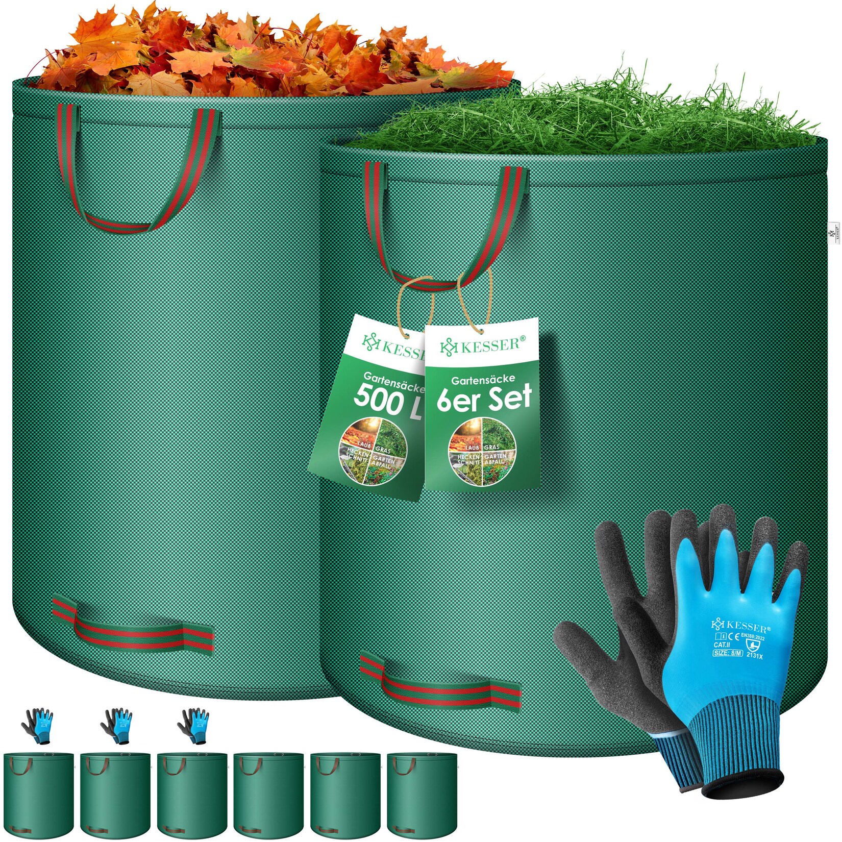 KESSER® Gartensack Set Laubsack Gartenabfallsack inkl. Handschuhe - Selbststehend 4 Griffe Stabil Robust & Faltbar - Laubsäcke Rasenschnitt Gartensäcke für Gartenabfälle Grünschnitt
