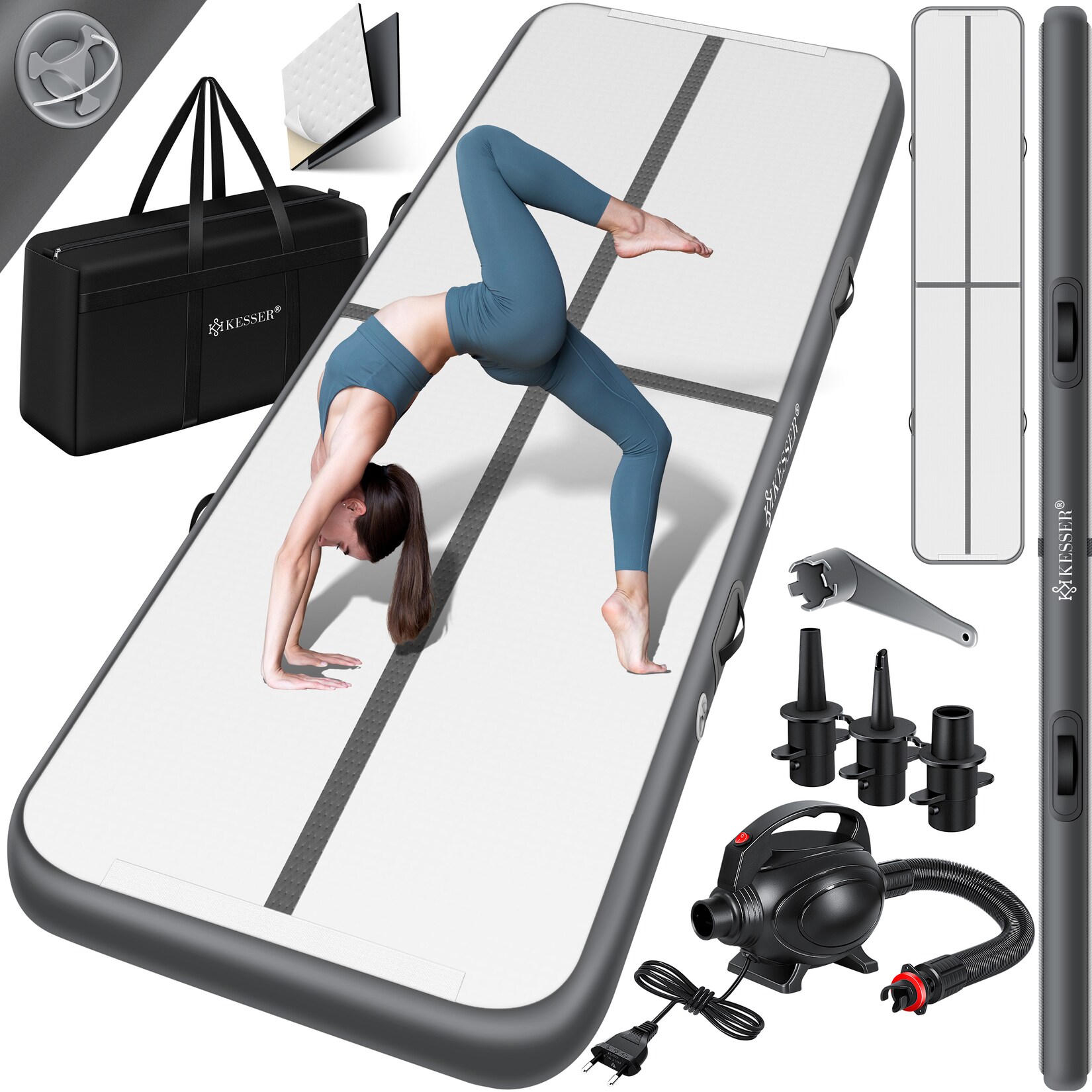 KESSER® Turnmatte Aufblasbar Airtrack 2m/3m/4m/5m/6m Fitness-Matte Gymnastikmatte inkl. Tragetasche & elektr. Luftpumpe Yogamatte, Tumbling Matten, Trainingsmatte, Turn- & Fitness