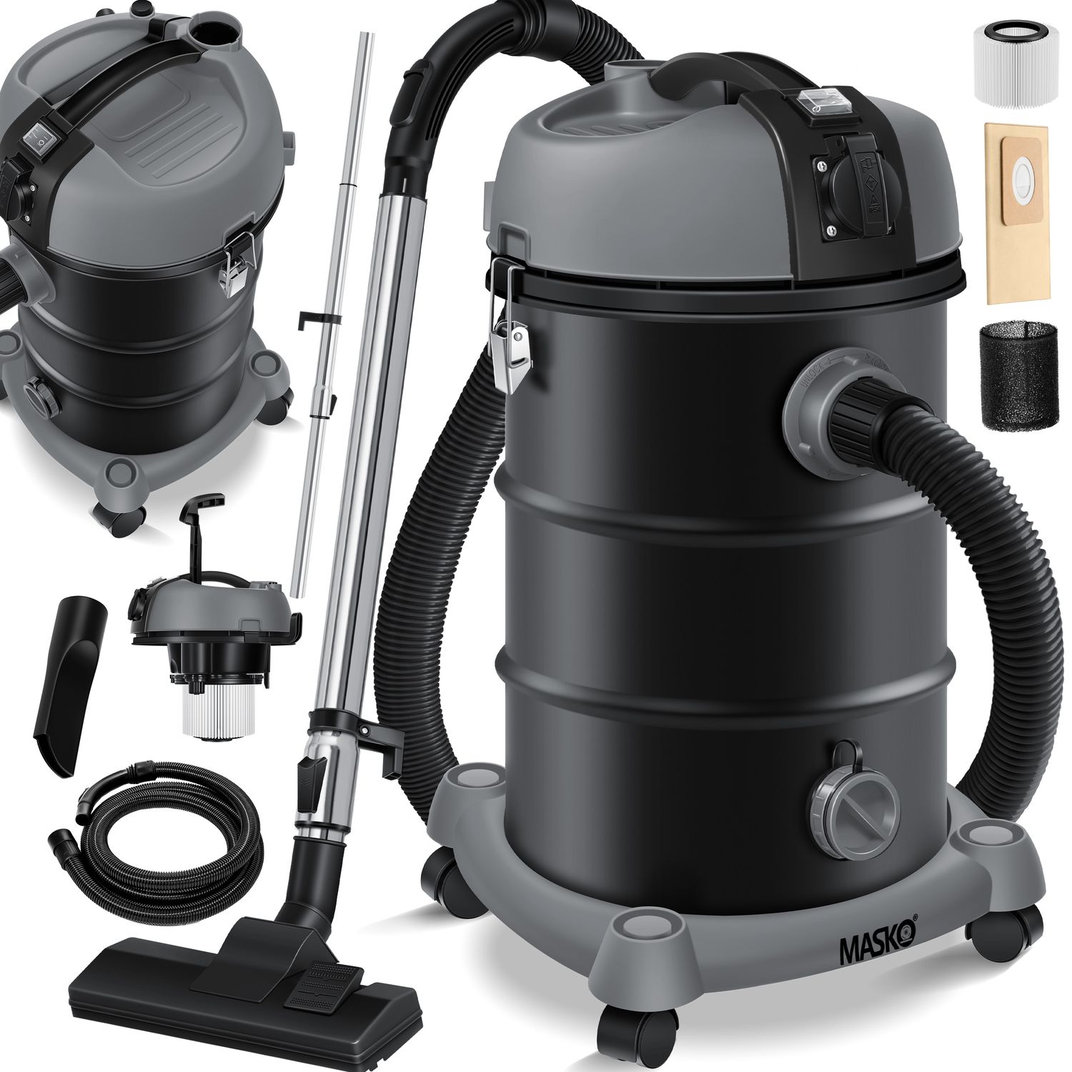 MASKO&reg; Industriestaubsauger Staubsauger Nass Trocken Sauger Edelstahl 2300W + Steckdose | Blasfunktion | Trocken-Saugen & Nass-Saugen | Push&Clean | Industrie-Sauger mit & ohne Beutel | beutellos - Bild 1