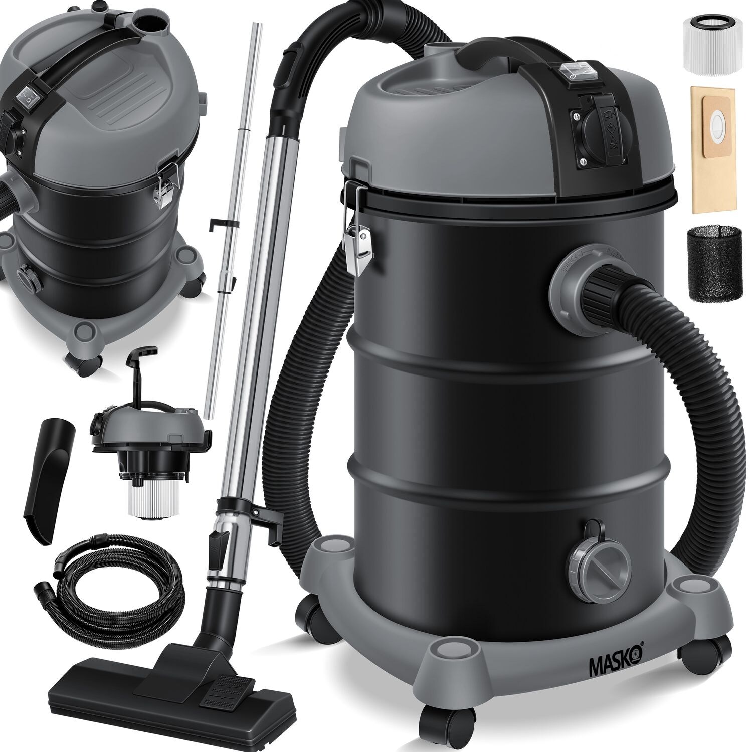 MASKO® Industriestaubsauger Staubsauger Nass Trocken Sauger Edelstahl 2300W + Steckdose   Blasfunktion   Trocken-Saugen & Nass-Saugen   Push&Clean   Industrie-Sauger mit & ohne Beutel   beutellos | 04255598310727