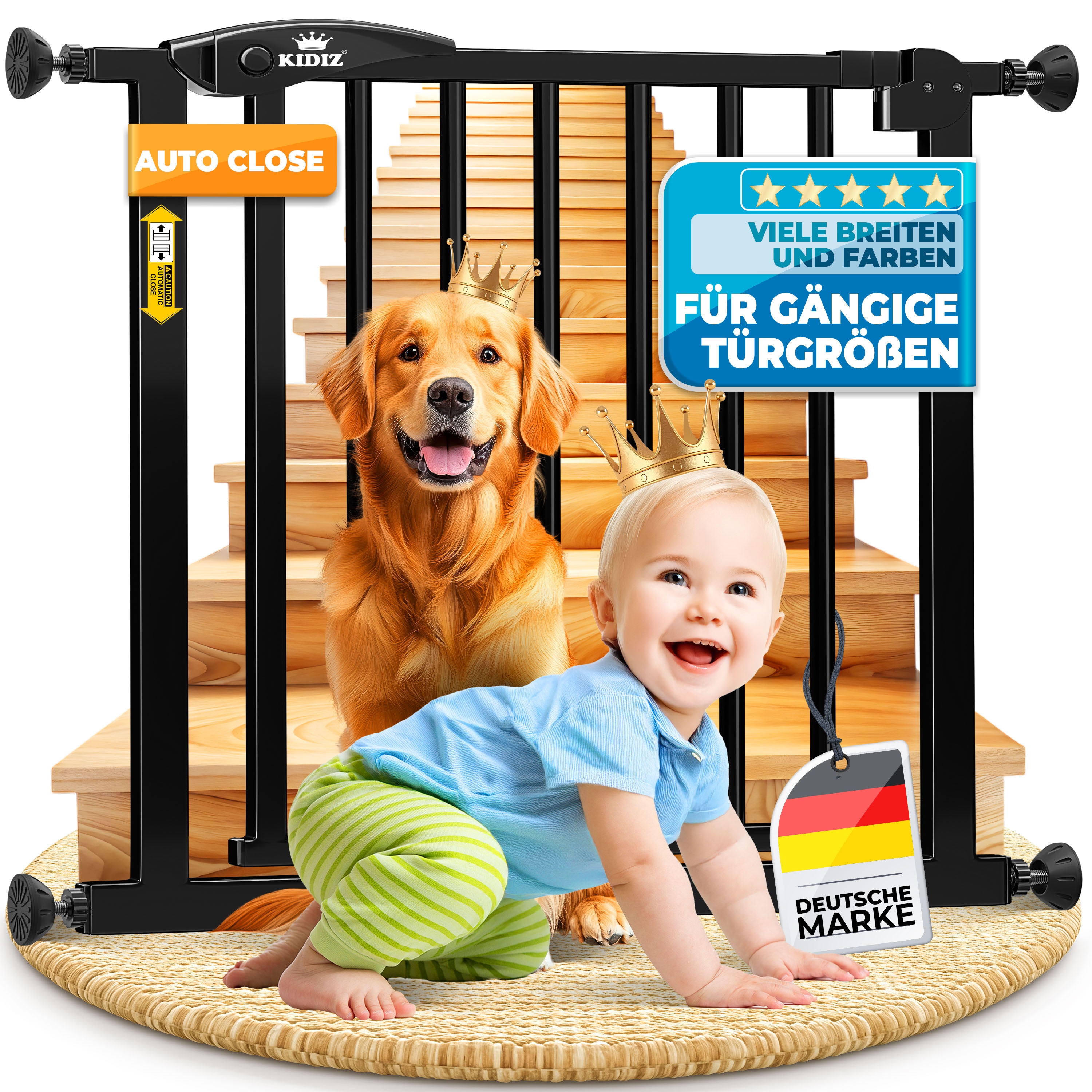 KIDIZ&reg; Schutzgitter f&uuml;r Treppen | T&uuml;r, Auto Close Kindertreppengitter ohne Bohren | 90&deg; Stop, Absperr T&uuml;rschutzgitter, schwenkbare Trennwand, Treppenschutzgitter, Klemmen - Bild 1