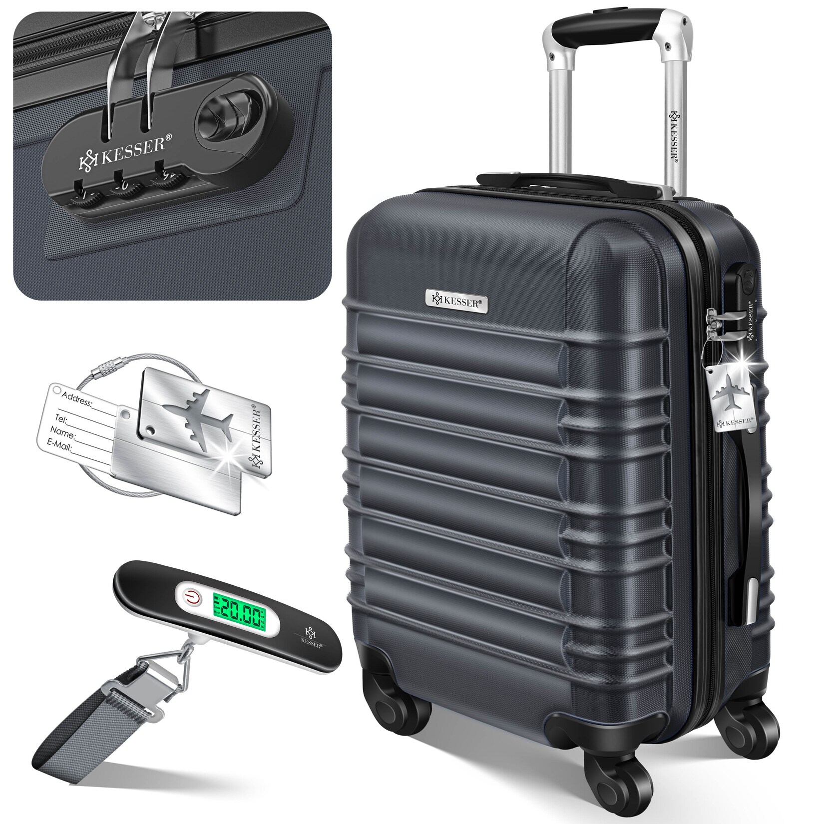 KESSER® Reisekoffer Hartschalen-Koffer Inkl. Kofferwaage + Gepäckanhänger Trolley Gepäck Rollkoffer Zahlenschloss 4 Rollen ABS-Hartschale Teleskopgriff