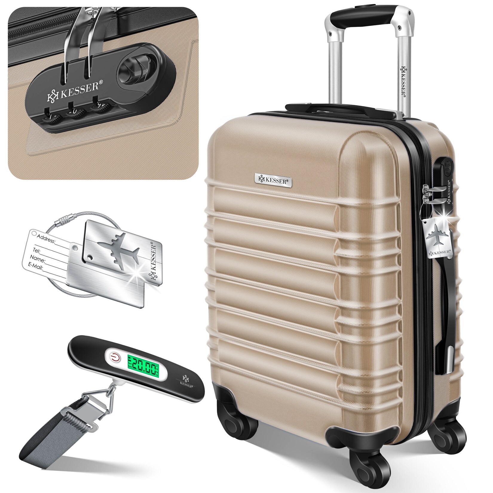 KESSER® Reisekoffer Hartschalen-Koffer Inkl. Kofferwaage + Gepäckanhänger Trolley Gepäck Rollkoffer Zahlenschloss 4 Rollen ABS-Hartschale Teleskopgriff
