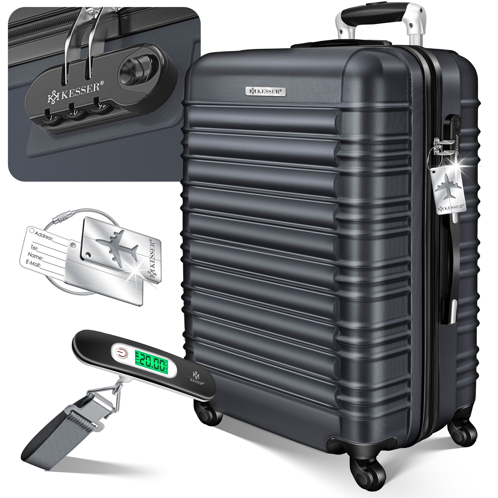 KESSER® Reisekoffer Hartschalen-Koffer Inkl. Kofferwaage + Gepäckanhänger Trolley Gepäck Rollkoffer Zahlenschloss 4 Rollen ABS-Hartschale Teleskopgriff