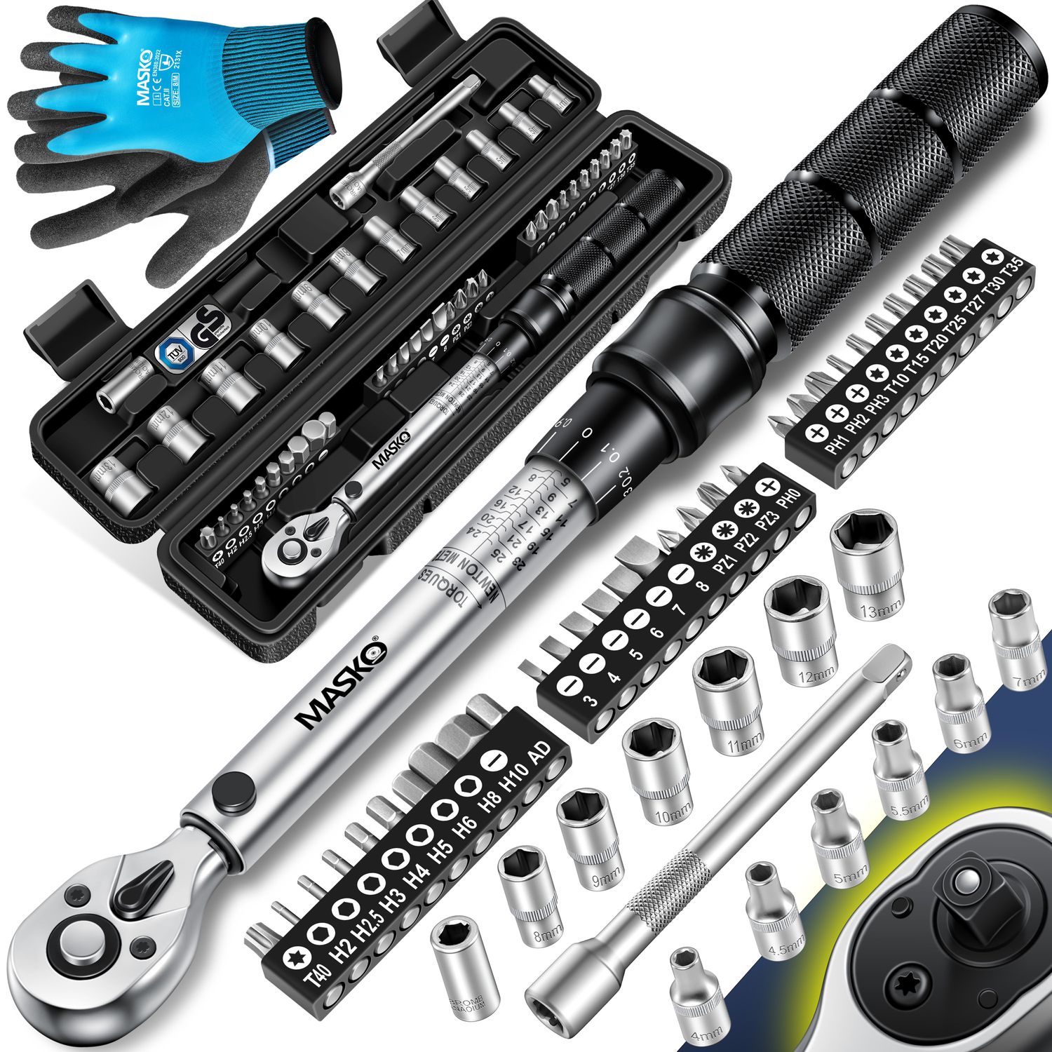 MASKO&reg; Drehmomentschl&uuml;ssel 45-tlg. Set Auto, Fahrrad & Motorrad 1/4 Zoll 5-25Nm inkl. Handschuhe, Magnetische Z&uuml;ndkerzenh&uuml;lse Steckn&uuml;sse mit Verl&auml;ngerungsstange 100mm +/- 4% Toleranz Reifenschl&uuml;sse - Bild 1