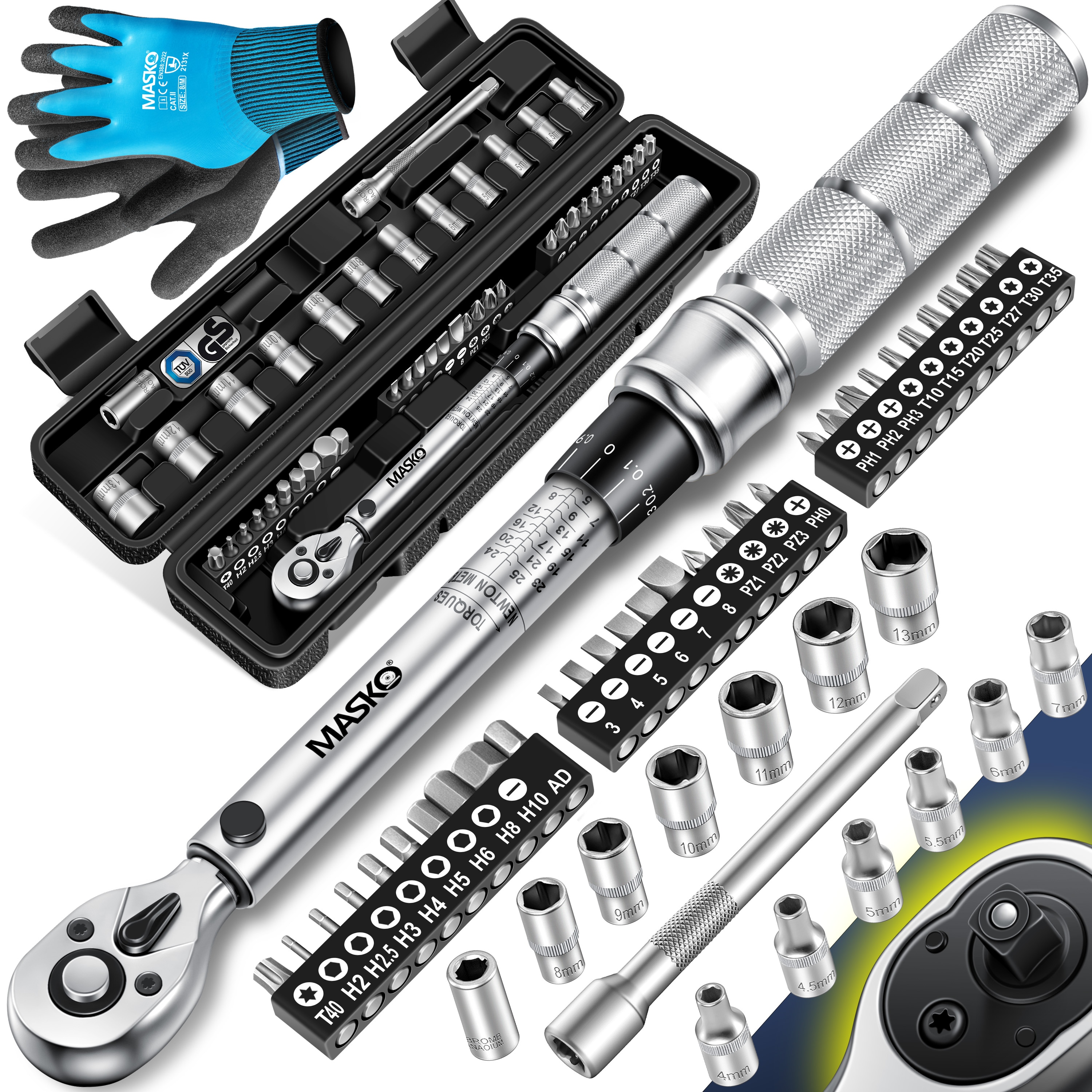 MASKO&reg; Drehmomentschl&uuml;ssel 45-tlg. Set Auto, Fahrrad & Motorrad 1/4 Zoll 5-25Nm inkl. Handschuhe, Magnetische Z&uuml;ndkerzenh&uuml;lse Steckn&uuml;sse mit Verl&auml;ngerungsstange 100mm +/- 4% Toleranz Reifenschl&uuml;sse - Bild 1