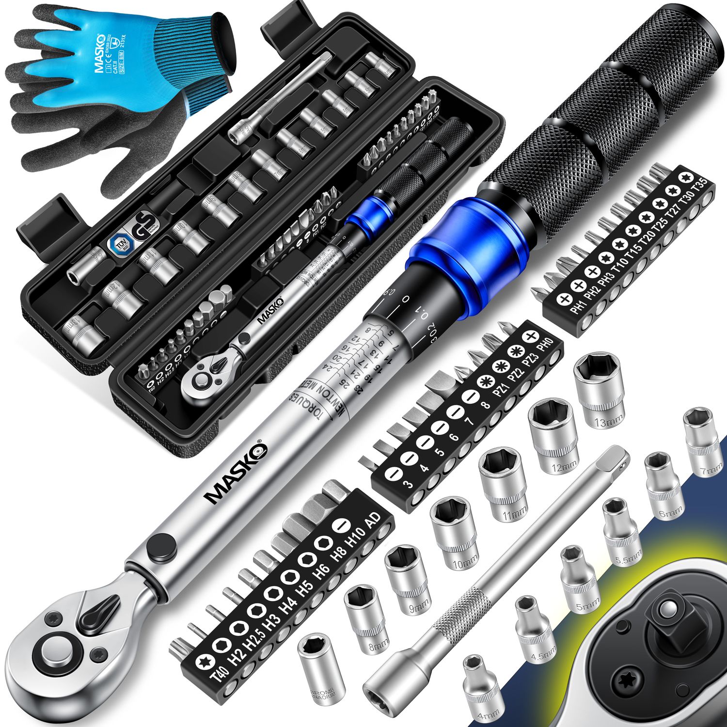 MASKO&reg; Drehmomentschl&uuml;ssel 45-tlg. Set Auto, Fahrrad & Motorrad 1/4 Zoll 5-25Nm inkl. Handschuhe, Magnetische Z&uuml;ndkerzenh&uuml;lse Steckn&uuml;sse mit Verl&auml;ngerungsstange 100mm +/- 4% Toleranz Reifenschl&uuml;sse - Bild 1