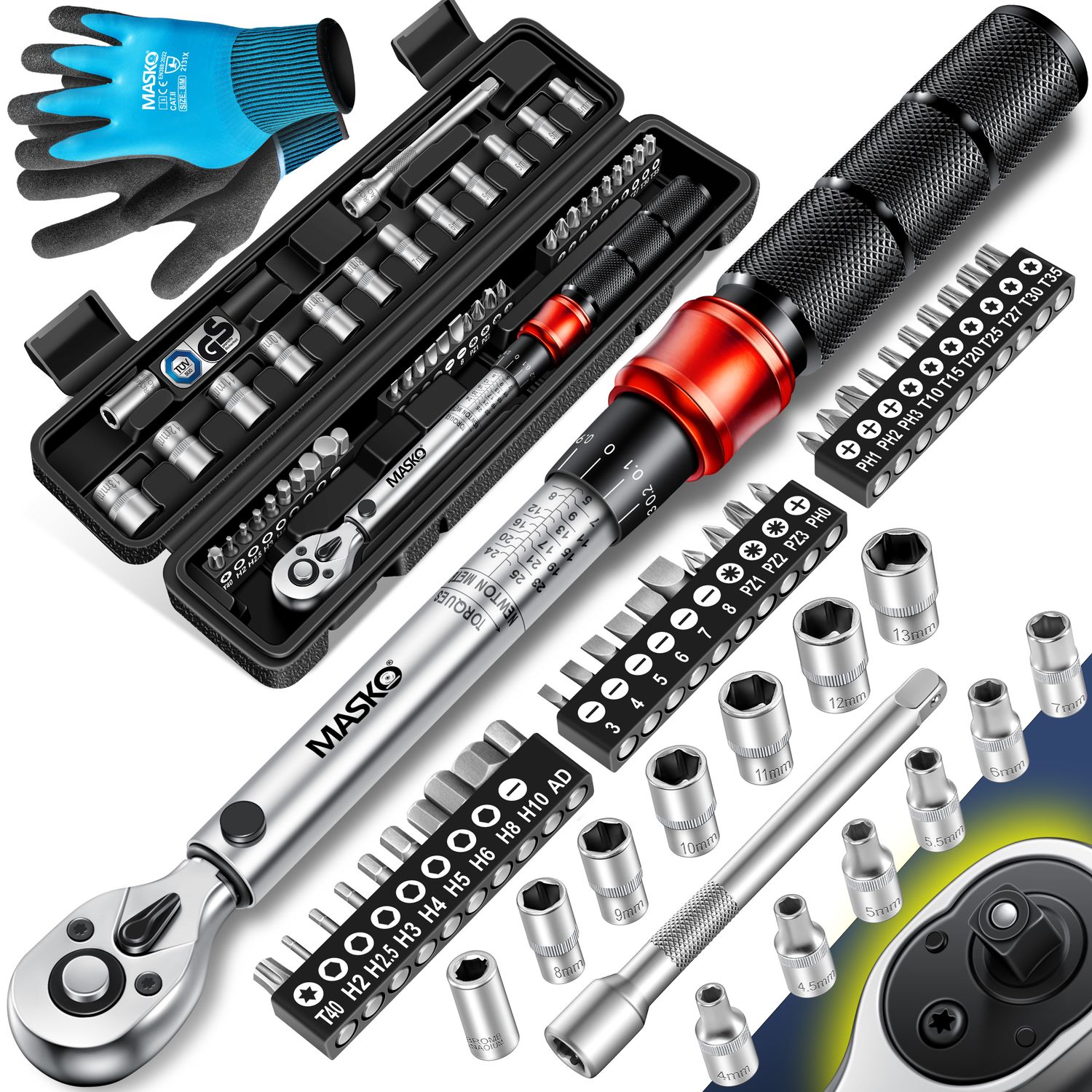 MASKO&reg; Drehmomentschl&uuml;ssel 45-tlg. Set Auto, Fahrrad & Motorrad 1/4 Zoll 5-25Nm inkl. Handschuhe, Magnetische Z&uuml;ndkerzenh&uuml;lse Steckn&uuml;sse mit Verl&auml;ngerungsstange 100mm +/- 4% Toleranz Reifenschl&uuml;sse - Bild 1