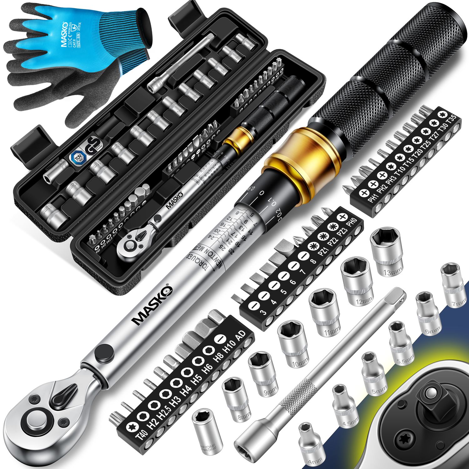 MASKO&reg; Drehmomentschl&uuml;ssel 45-tlg. Set Auto, Fahrrad & Motorrad 1/4 Zoll 5-25Nm inkl. Handschuhe, Magnetische Z&uuml;ndkerzenh&uuml;lse Steckn&uuml;sse mit Verl&auml;ngerungsstange 100mm +/- 4% Toleranz Reifenschl&uuml;sse - Bild 1