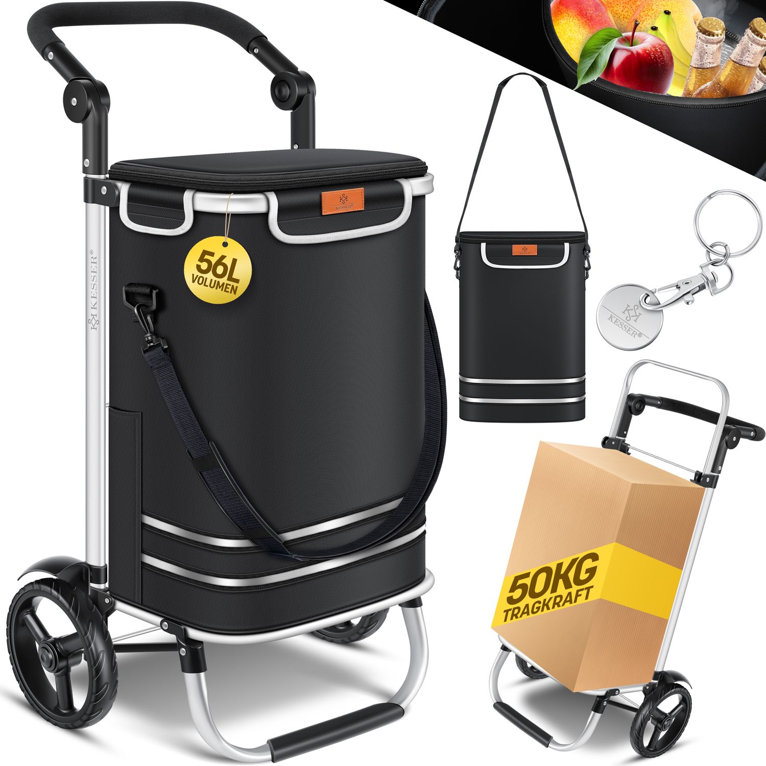 KESSER&reg; Einkaufstrolley klappbar mit 56L Kapazit&auml;t und belastbar bis 50kg | 3in1 Trolley Sackkarre & Umh&auml;ngetasche | Faltbarer Einkaufswagen inkl. K&uuml;hlfach & Einkaufschip | Treppensteiger - Bild 1