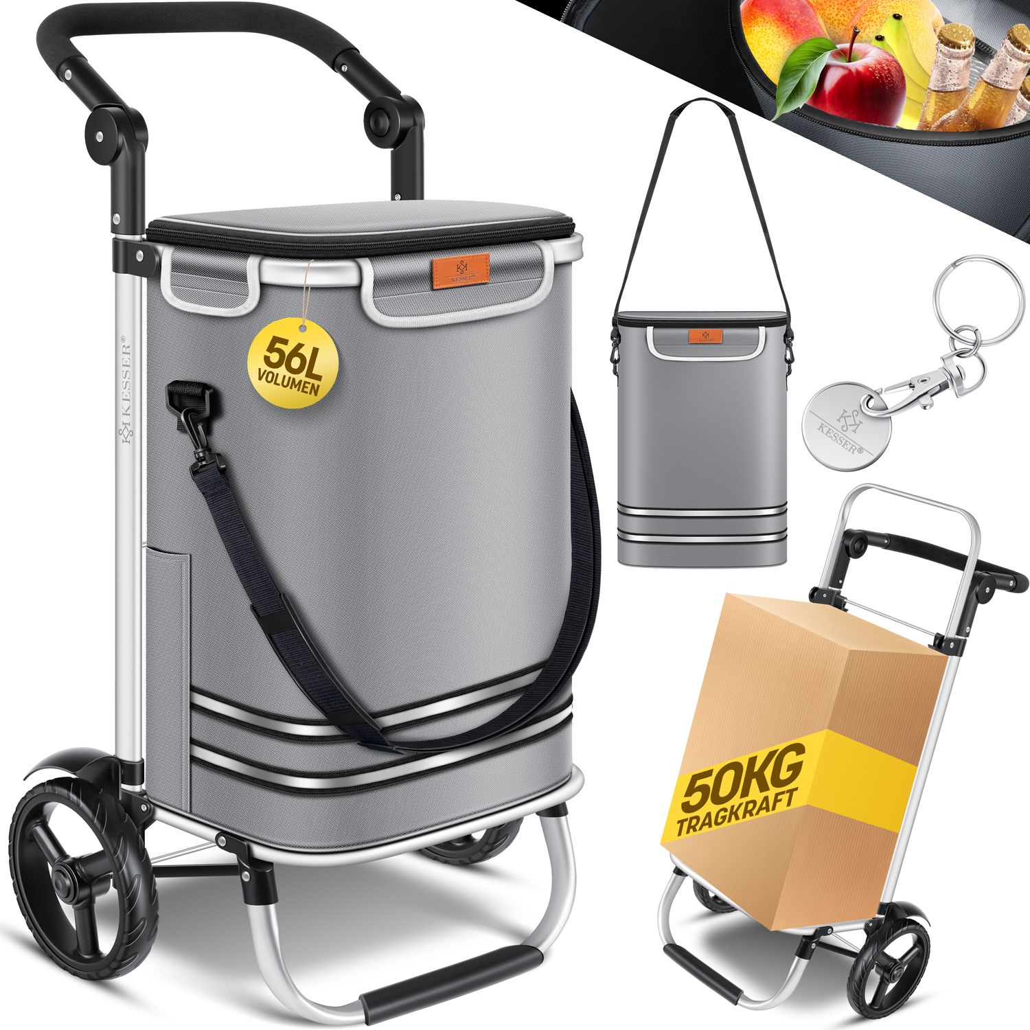 KESSER&reg; Einkaufstrolley klappbar mit 56L Kapazit&auml;t und belastbar bis 50kg | 3in1 Trolley Sackkarre & Umh&auml;ngetasche | Faltbarer Einkaufswagen inkl. K&uuml;hlfach & Einkaufschip | Treppensteiger - Bild 1