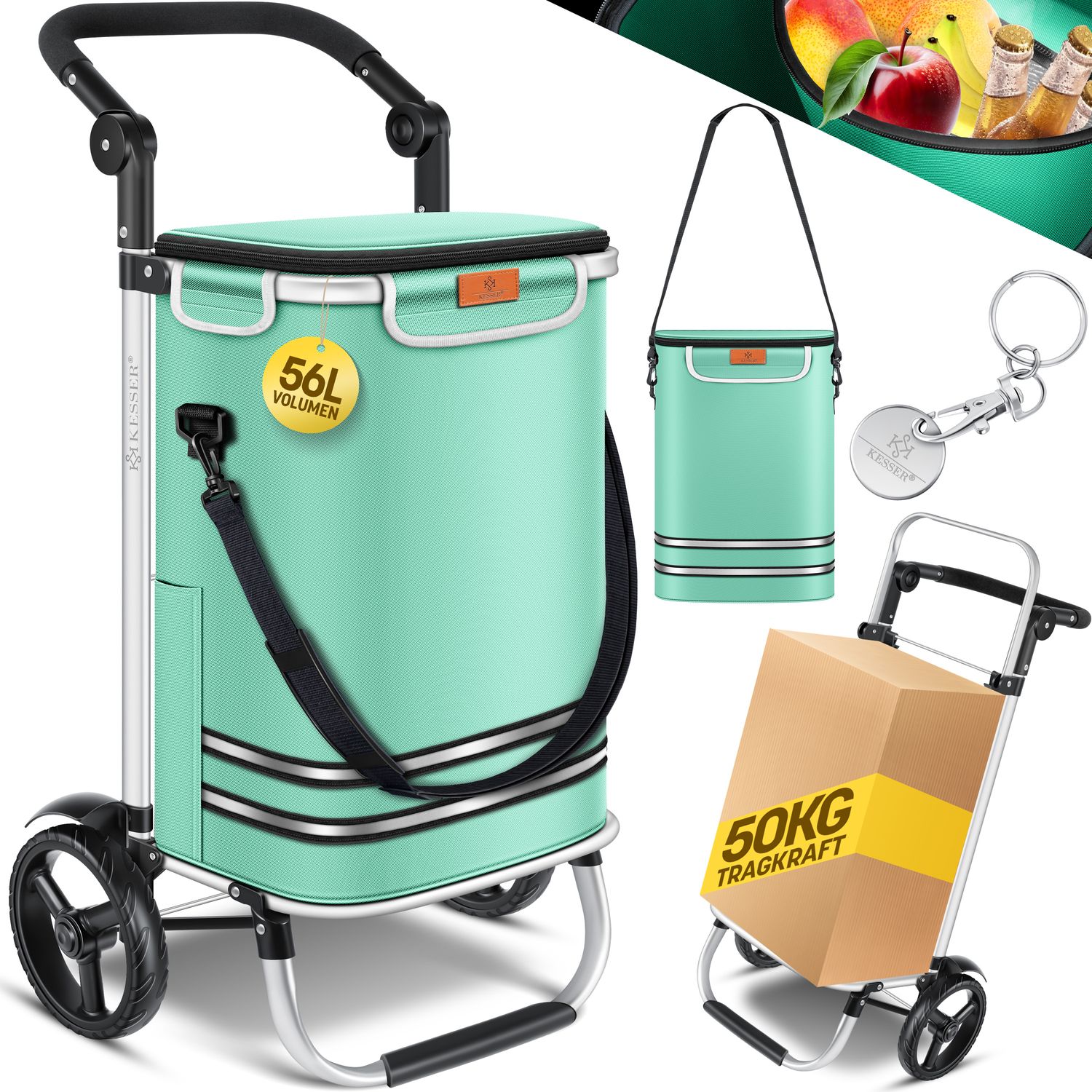 KESSER&reg; Einkaufstrolley klappbar mit 56L Kapazit&auml;t und belastbar bis 50kg | 3in1 Trolley Sackkarre & Umh&auml;ngetasche | Faltbarer Einkaufswagen inkl. K&uuml;hlfach & Einkaufschip | Treppensteiger - Bild 1