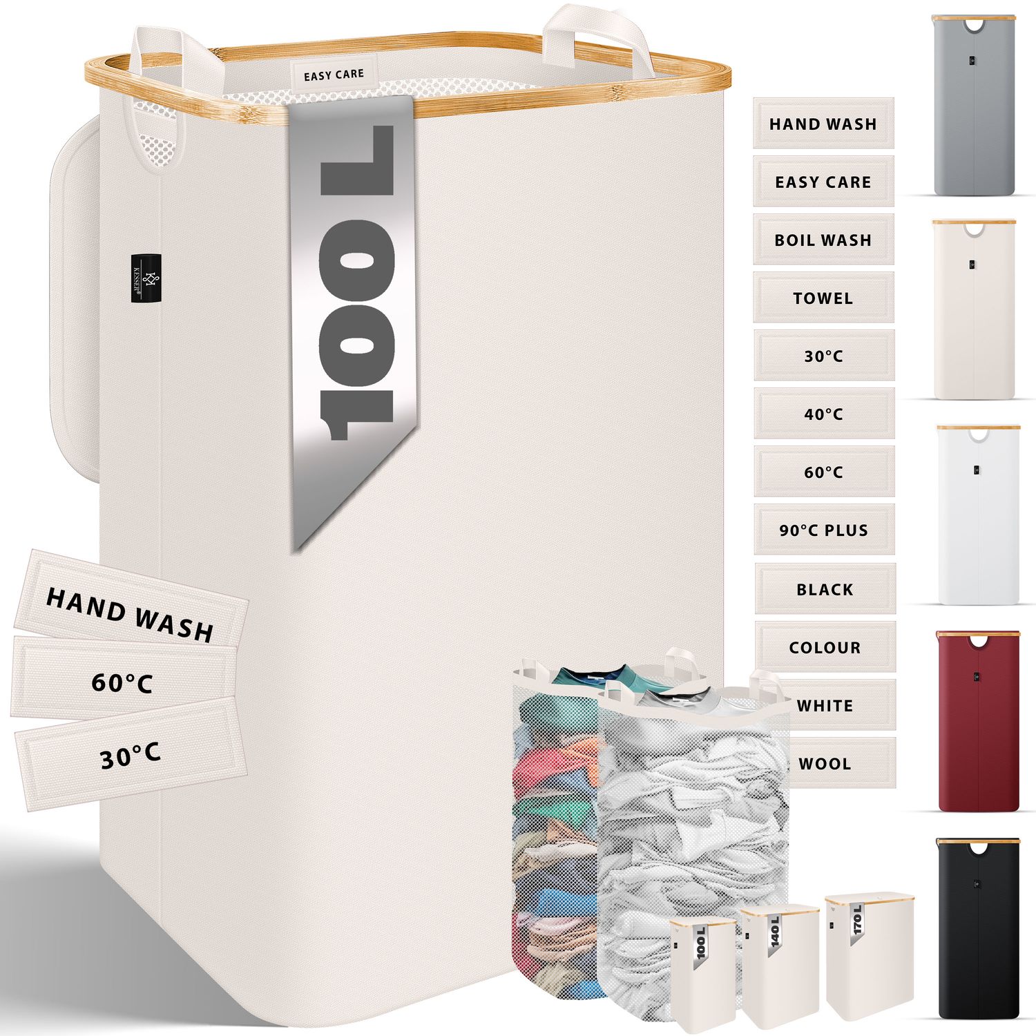 KESSER&reg; W&auml;schekorb mit Deckel faltbar W&auml;schebox W&auml;schetruhe W&auml;schetonne | W&auml;schesammler mit herausnehmbaren W&auml;sches&auml;cke | Laundry Baskets W&auml;schesortierter inkl. Waschhinweisen - Bild 1