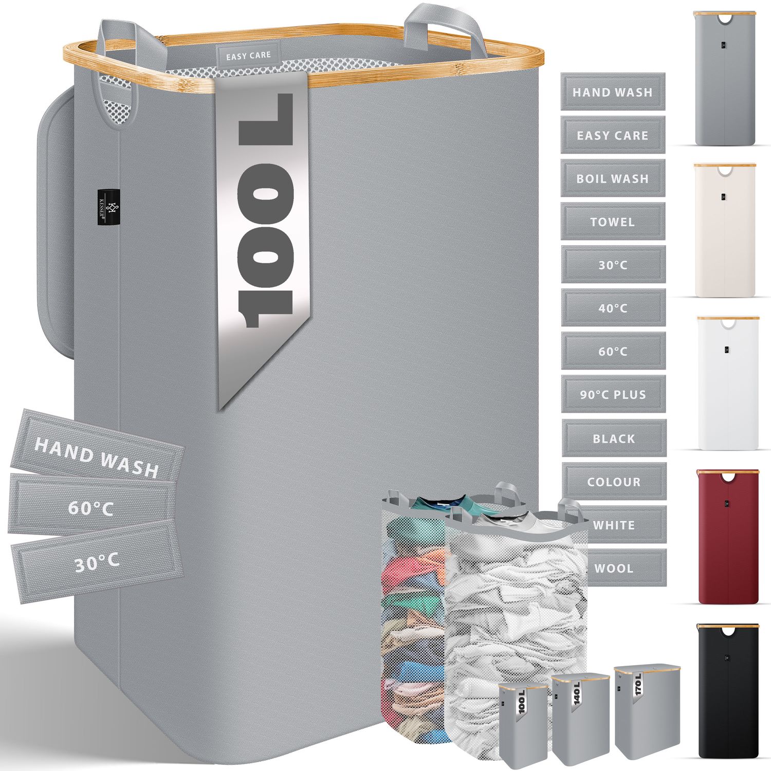 KESSER&reg; W&auml;schekorb mit Deckel faltbar W&auml;schebox W&auml;schetruhe W&auml;schetonne | W&auml;schesammler mit herausnehmbaren W&auml;sches&auml;cke | Laundry Baskets W&auml;schesortierter inkl. Waschhinweisen - Bild 1