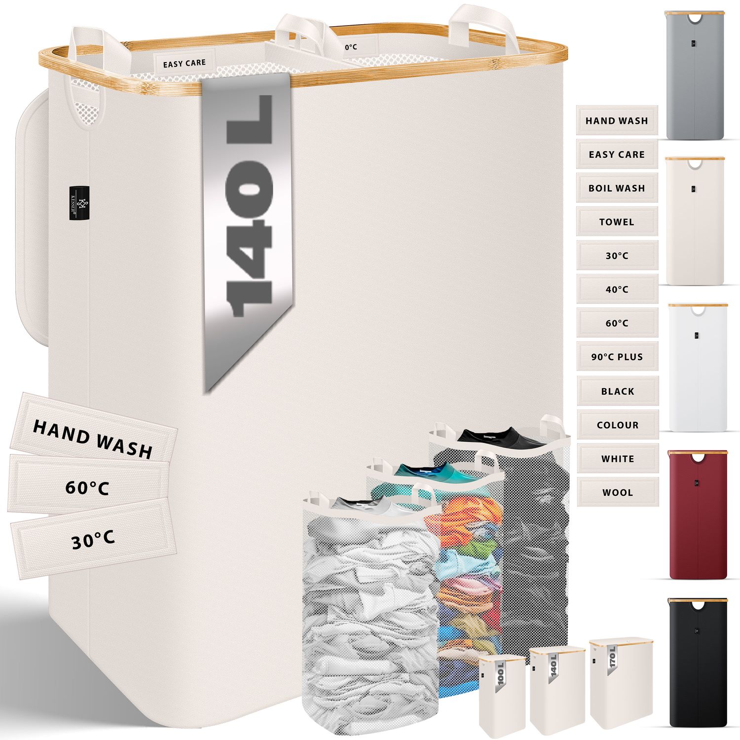 KESSER&reg; W&auml;schekorb mit Deckel faltbar W&auml;schebox W&auml;schetruhe W&auml;schetonne | W&auml;schesammler mit herausnehmbaren W&auml;sches&auml;cke | Laundry Baskets W&auml;schesortierter inkl. Waschhinweisen - Bild 1