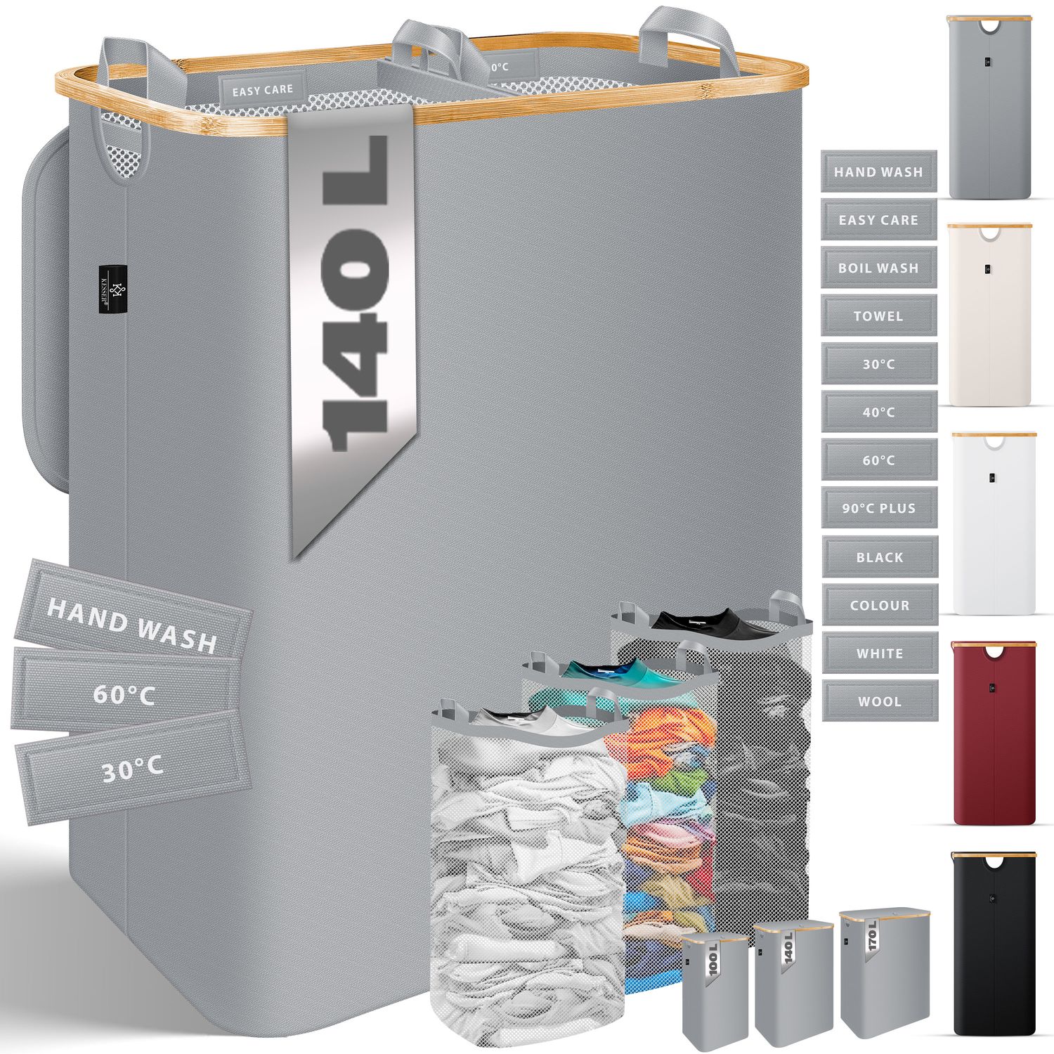 KESSER&reg; W&auml;schekorb mit Deckel faltbar W&auml;schebox W&auml;schetruhe W&auml;schetonne | W&auml;schesammler mit herausnehmbaren W&auml;sches&auml;cke | Laundry Baskets W&auml;schesortierter inkl. Waschhinweisen - Bild 1