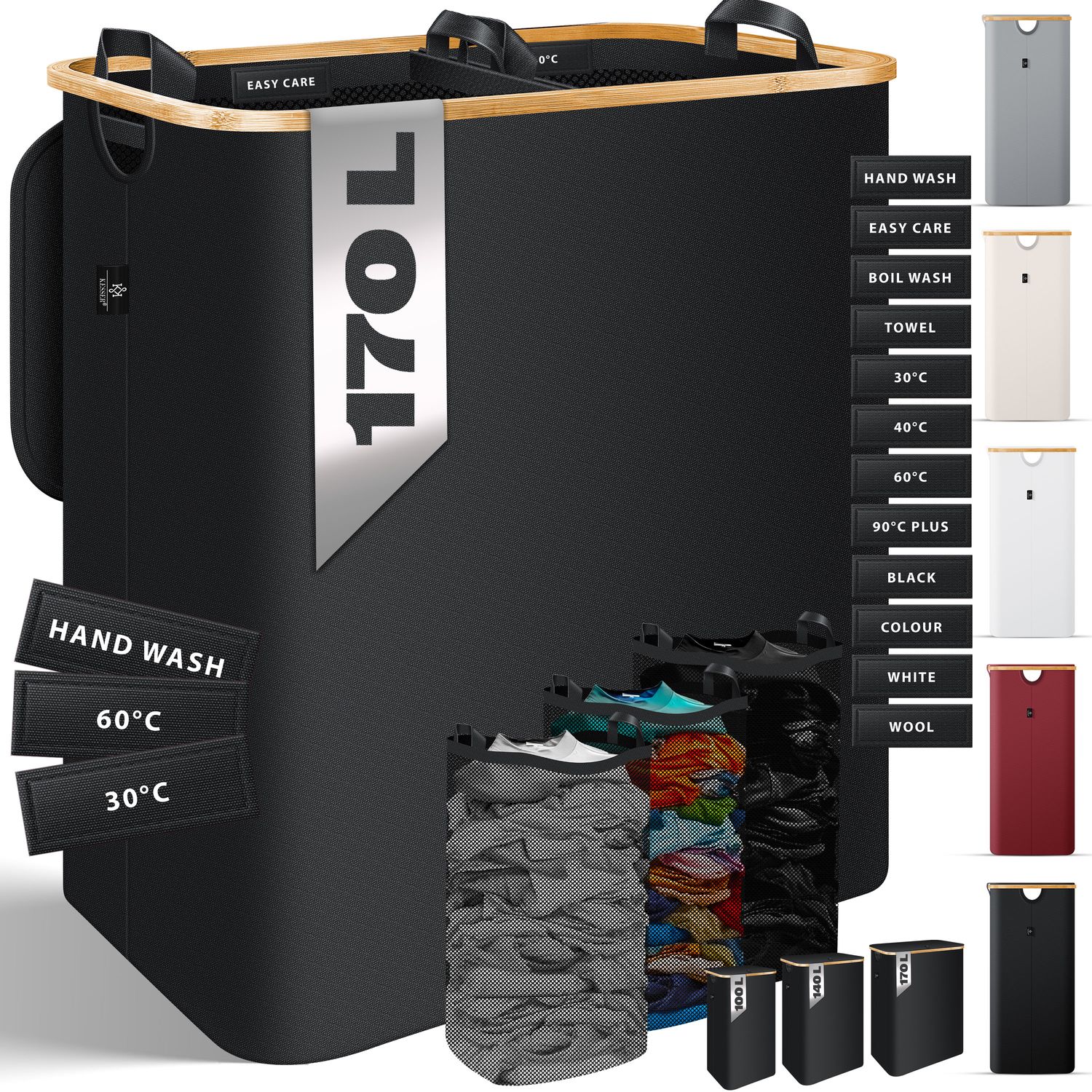 KESSER&reg; W&auml;schekorb mit Deckel faltbar W&auml;schebox W&auml;schetruhe W&auml;schetonne | W&auml;schesammler mit herausnehmbaren W&auml;sches&auml;cke | Laundry Baskets W&auml;schesortierter inkl. Waschhinweisen - Bild 1