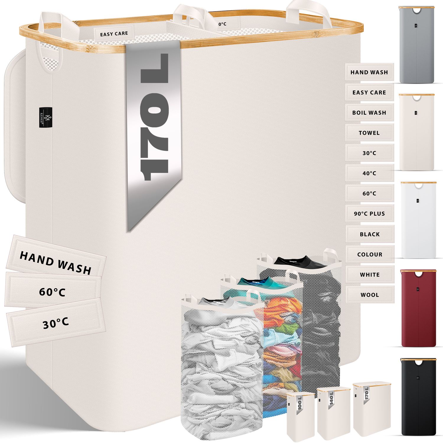 KESSER&reg; W&auml;schekorb mit Deckel faltbar W&auml;schebox W&auml;schetruhe W&auml;schetonne | W&auml;schesammler mit herausnehmbaren W&auml;sches&auml;cke | Laundry Baskets W&auml;schesortierter inkl. Waschhinweisen - Bild 1