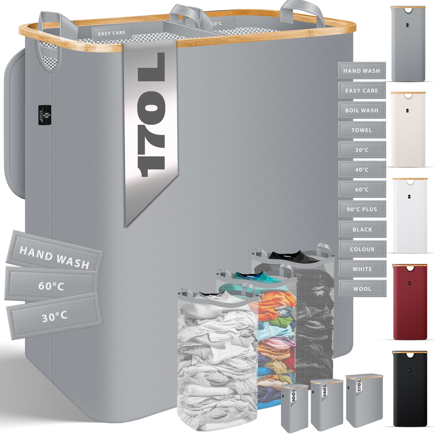 KESSER&reg; W&auml;schekorb mit Deckel faltbar W&auml;schebox W&auml;schetruhe W&auml;schetonne | W&auml;schesammler mit herausnehmbaren W&auml;sches&auml;cke | Laundry Baskets W&auml;schesortierter inkl. Waschhinweisen - Bild 1