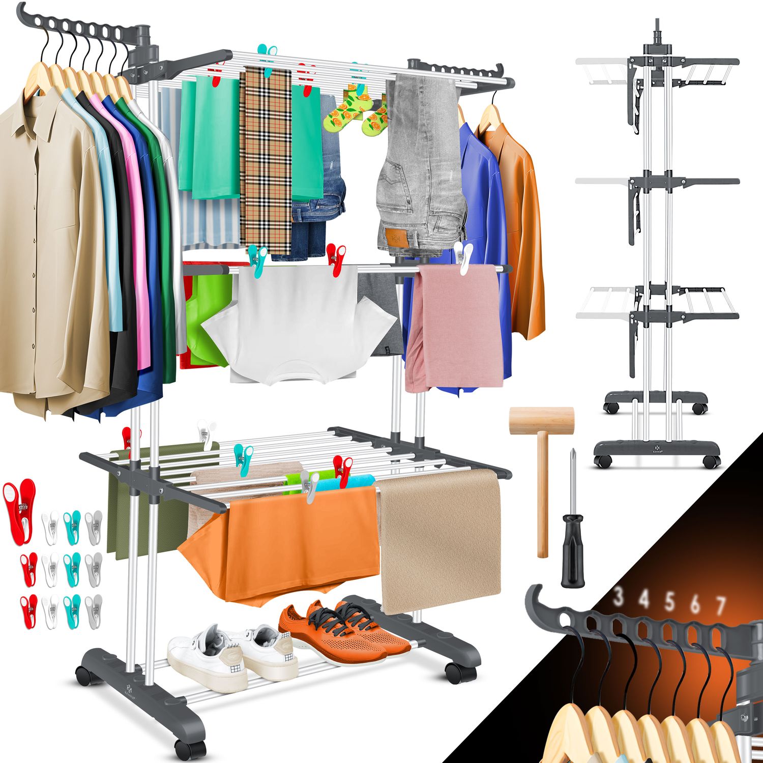 KESSER&reg; W&auml;schest&auml;nder-Turm mit R&auml;dern Platzsparender W&auml;schetrockner f&uuml;r Innen & Au&szlig;en 4-Etagen 2 drehbare Seitenfl&uuml;gel und 6 klappbare Ebenen Standtrockner W&auml;scheturm Zusammenklappbar - Bild 1