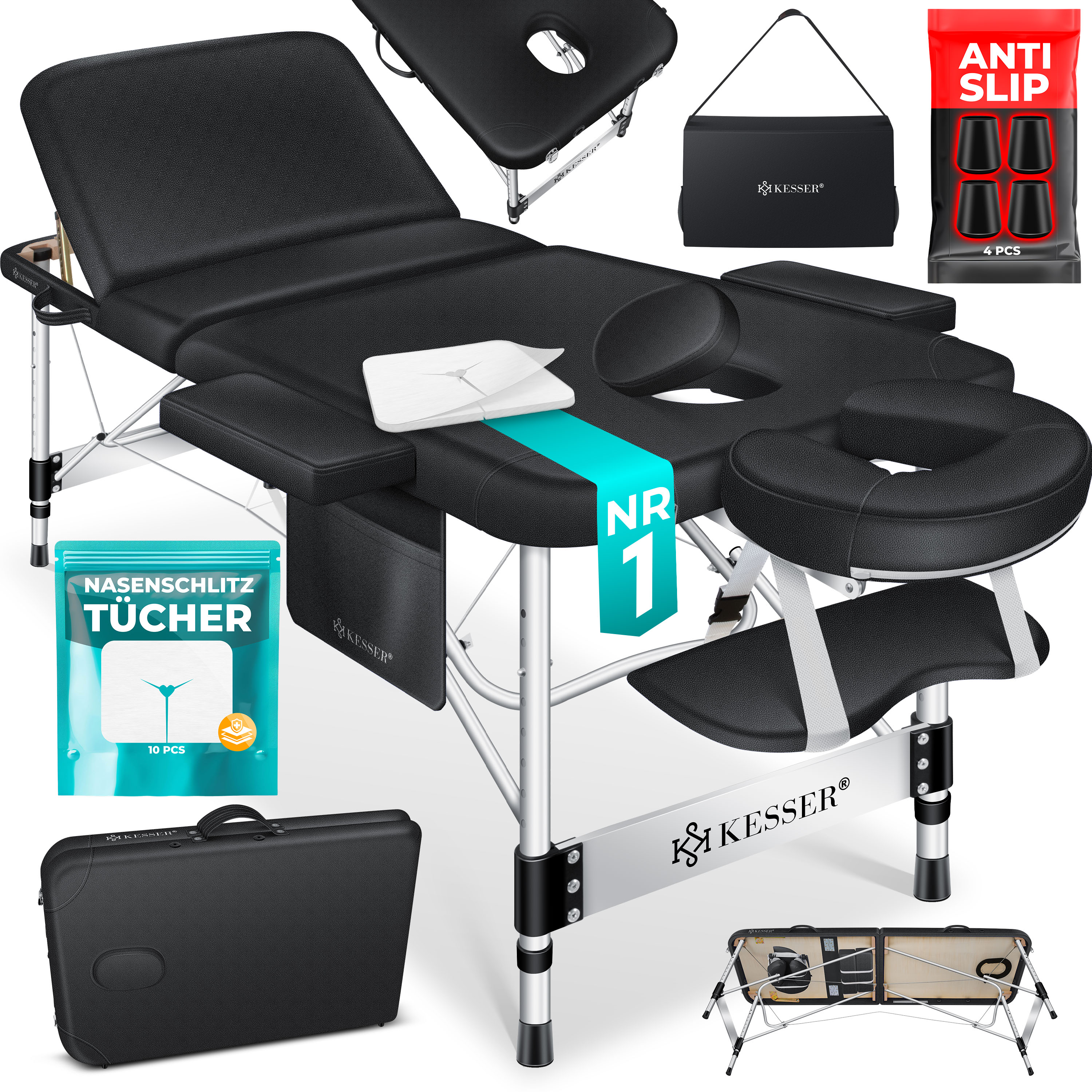 KESSER&reg; Mobile Massageliege klappbar & h&ouml;henverstellbar 3 Zonen Massagebett Massagetisch Kosmetikliege Breit Therapieliege Aluminium + 10x Gesichtsauflage mit Kopfst&uuml;tze Armlehnen & Tasche - Bild 1