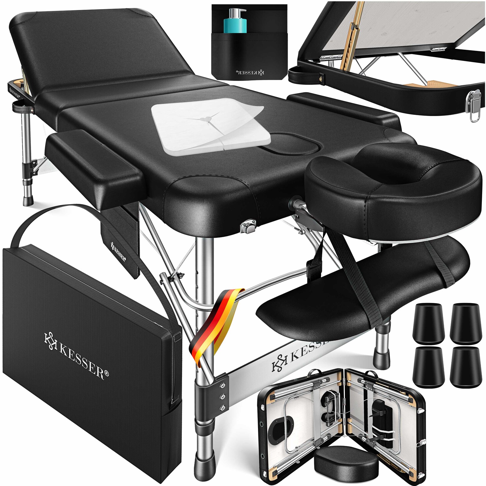 KESSER® Mobile Massageliege klappbar & höhenverstellbar 3 Zonen Massagebett Massagetisch Kosmetikliege Breit Therapieliege Aluminium + 10x Gesichtsauflage mit Kopfstütze Armlehnen & Tasche