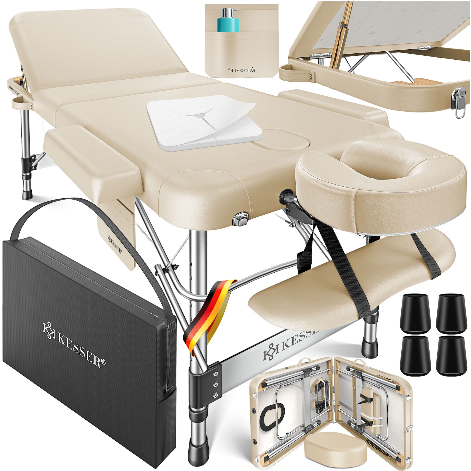 KESSER® Mobile Massageliege klappbar & höhenverstellbar 3 Zonen Massagebett Massagetisch Kosmetikliege Breit Therapieliege Aluminium + 10x Gesichtsauflage mit Kopfstütze Armlehnen & Tasche