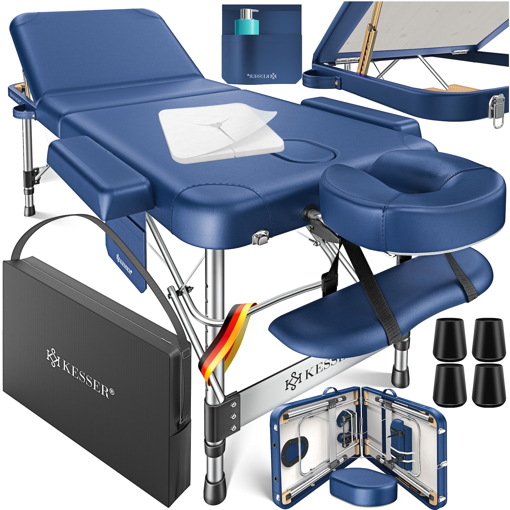 KESSER® Mobile Massageliege klappbar & höhenverstellbar 3 Zonen Massagebett Massagetisch Kosmetikliege Breit Therapieliege Aluminium + 10x Gesichtsauflage mit Kopfstütze Armlehnen & Tasche