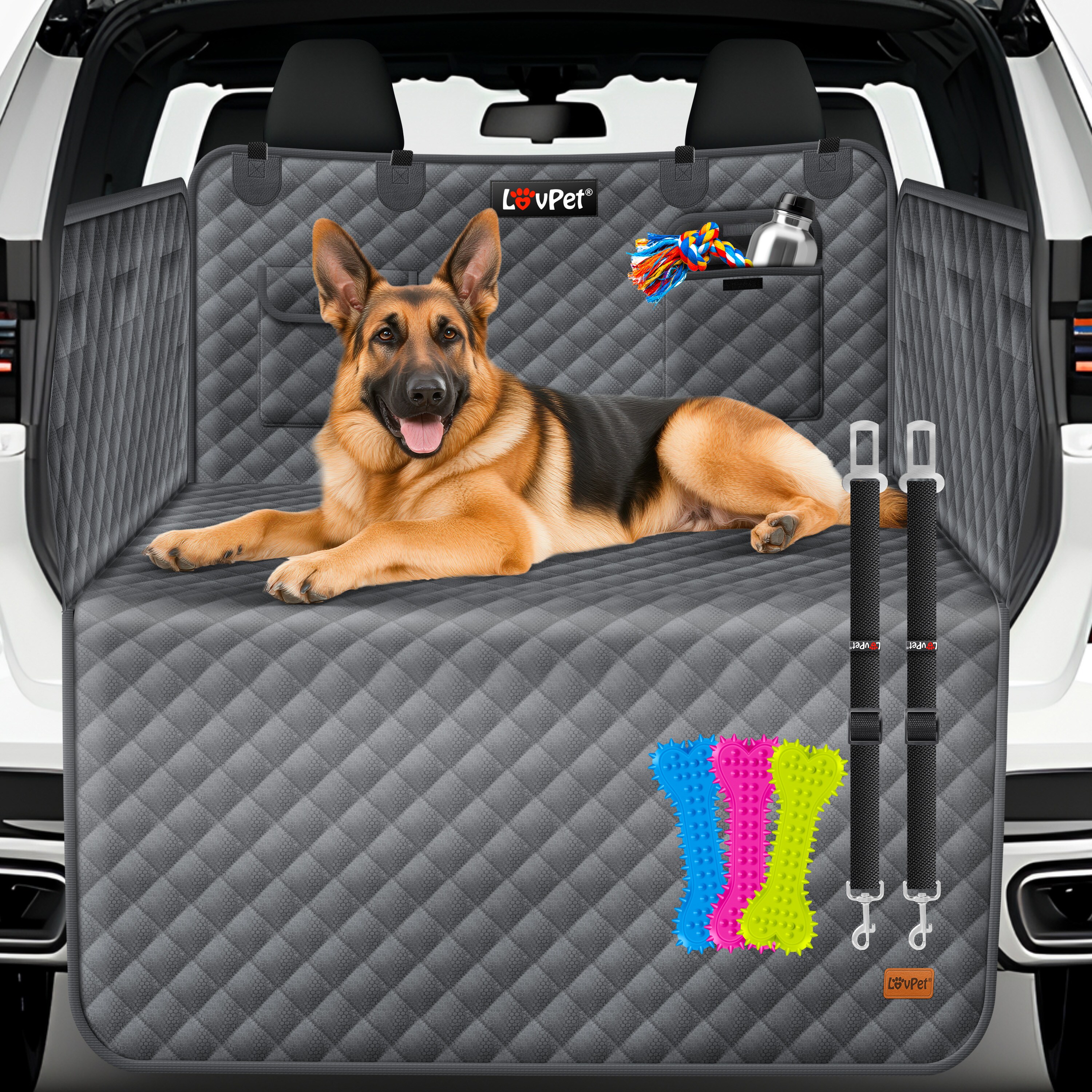 LOVPET&reg; Kofferraumschutz Hund gesteppt mit Seiten- und Ladekantenschutz | Universale Kofferraum-Schutzmatte f&uuml;r Hunde | Hundedecke Wasserabweisend & Kratzfest mit Sicherheitsgurt und Zubeh&ouml;r - Bild 1