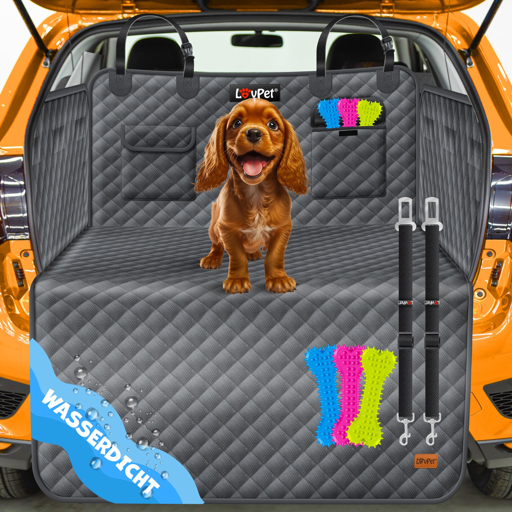 LOVPET® Kofferraumschutz Hund gesteppt mit Seiten- und Ladekantenschutz   Universale Kofferraum-Schutzmatte für Hunde   