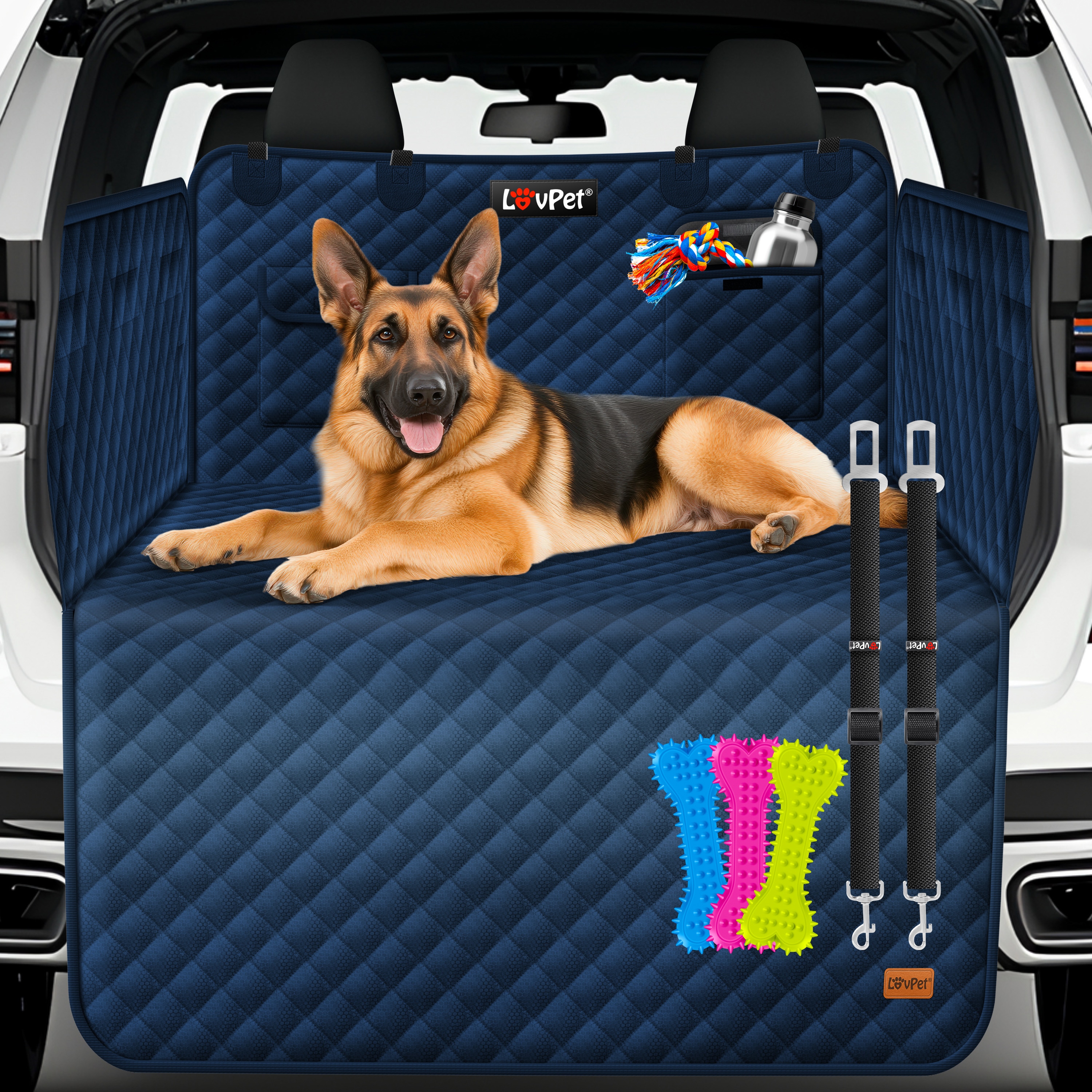 LOVPET&reg; Kofferraumschutz Hund gesteppt mit Seiten- und Ladekantenschutz | Universale Kofferraum-Schutzmatte f&uuml;r Hunde | Hundedecke Wasserabweisend & Kratzfest mit Sicherheitsgurt und Zubeh&ouml;r - Bild 1