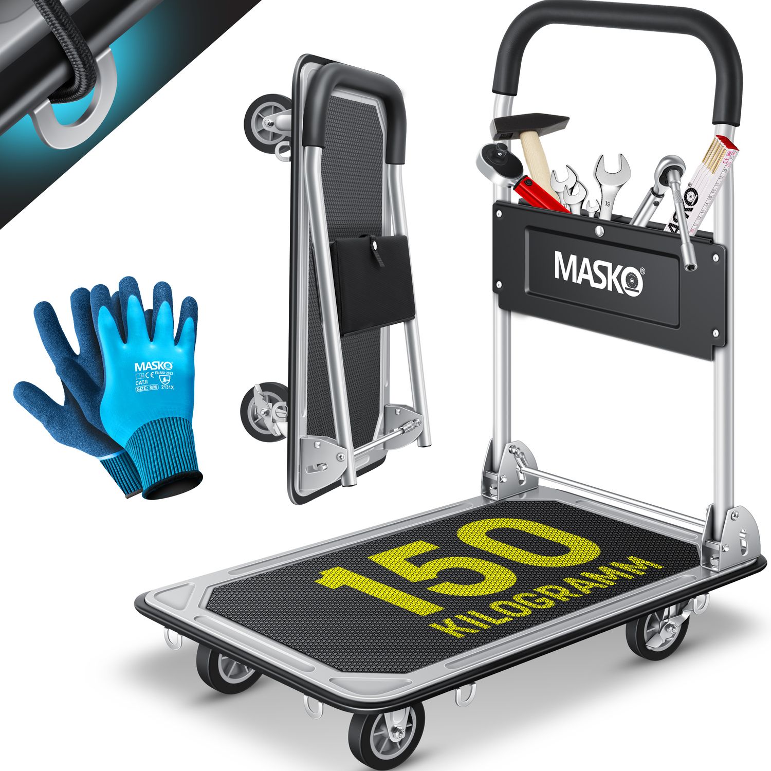 MASKO&reg; Plattformwagen Transportwagen Lagerwagen Klappbar Inkl. Arbeitshandschuhe | Feststellbremse Transporthilfe | Mit 6 Sicherungs&ouml;sen | 360&deg; Lenkrollen | Paketwagen Klappwagen - Bild 1