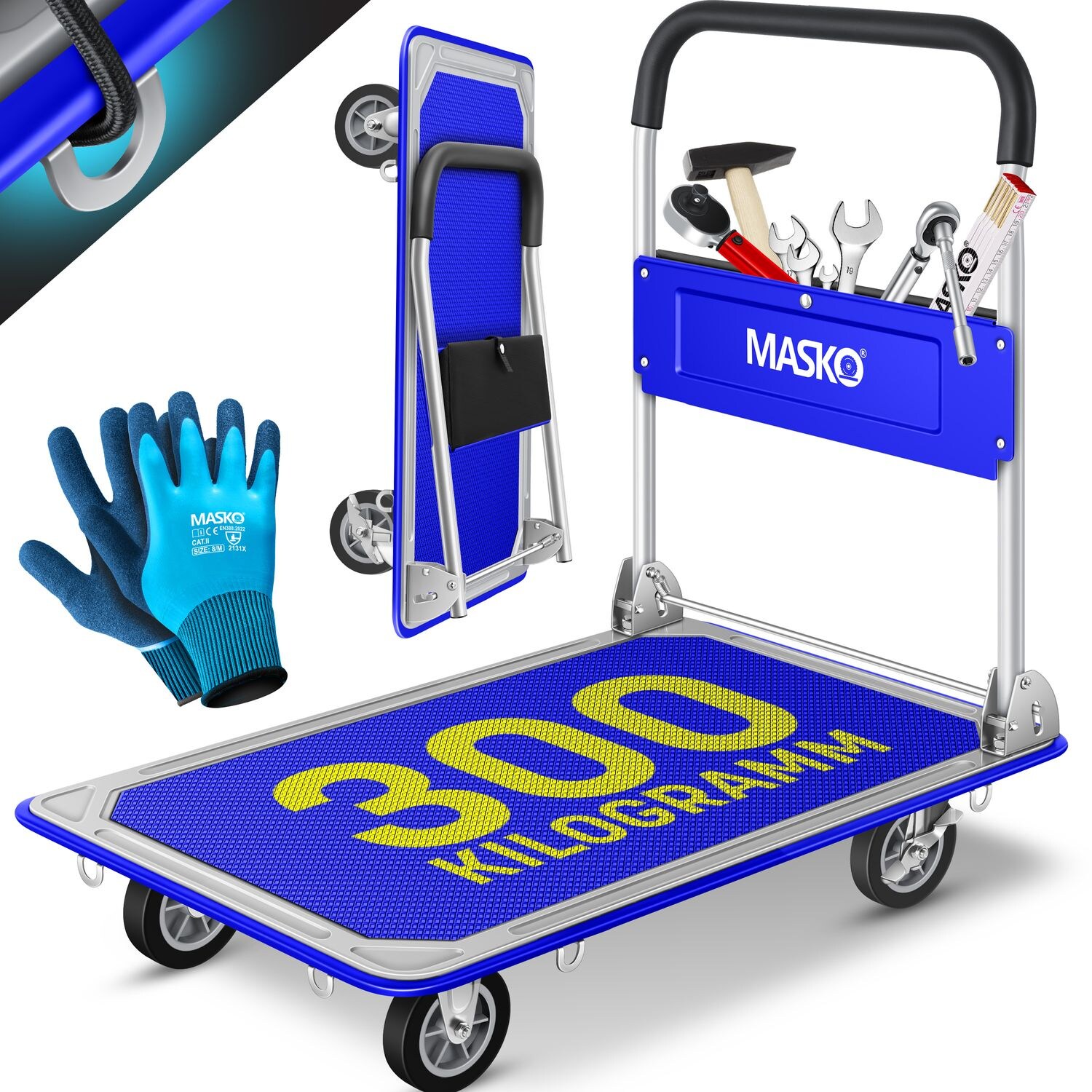 MASKO® Plattformwagen Transportwagen Lagerwagen Klappbar Inkl. Arbeitshandschuhe   Feststellbremse Transporthilfe   Mit 6 Sicherungsösen   360° Lenkrollen   Paketwagen Klappwagen | 04255598312769