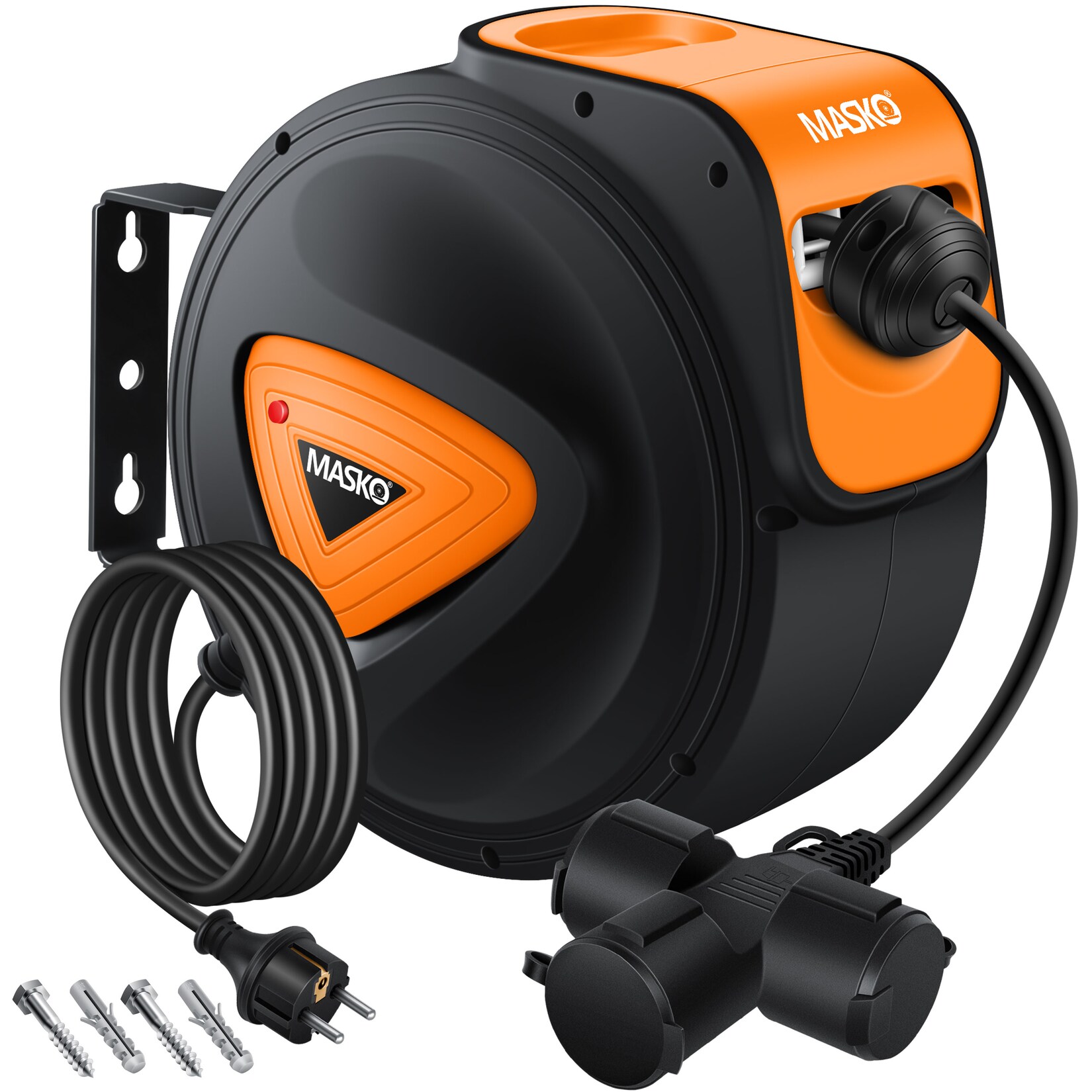 MASKO® Automatik Kabeltrommel Verlängerungskabel mit 3-Fach Anschluss 180° drehbar 1,5m Zuleitung Wandhalterung Werkstatt Kabelaufroller Automatisch Stromtrommel Schlauchaufroller Inkl. Handschuhe