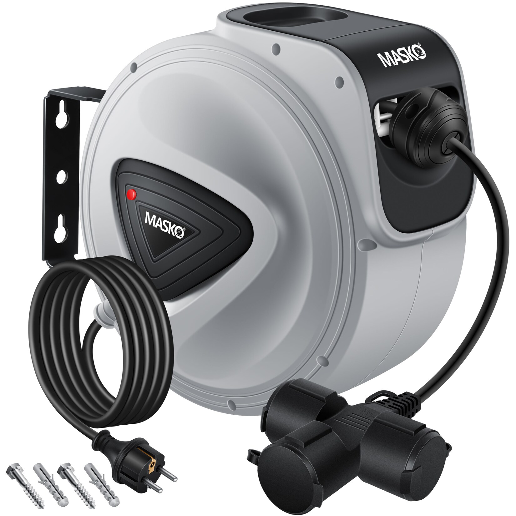 MASKO® Automatik Kabeltrommel Verlängerungskabel mit 3-Fach Anschluss 180° drehbar 1,5m Zuleitung Wandhalterung Werkstatt Kabelaufroller Automatisch Stromtrommel Schlauchaufroller Inkl. Handschuhe