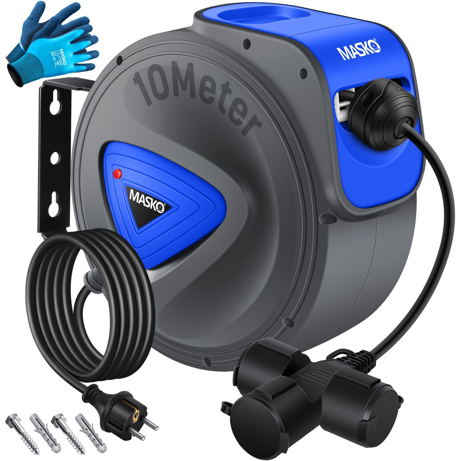 MASKO&reg; Automatik Kabeltrommel Verl&auml;ngerungskabel mit 3-Fach Anschluss 180&deg; drehbar 1,5m Zuleitung Wandhalterung Werkstatt Kabelaufroller Automatisch Stromtrommel Schlauchaufroller Inkl. Handschuhe - Bild 1