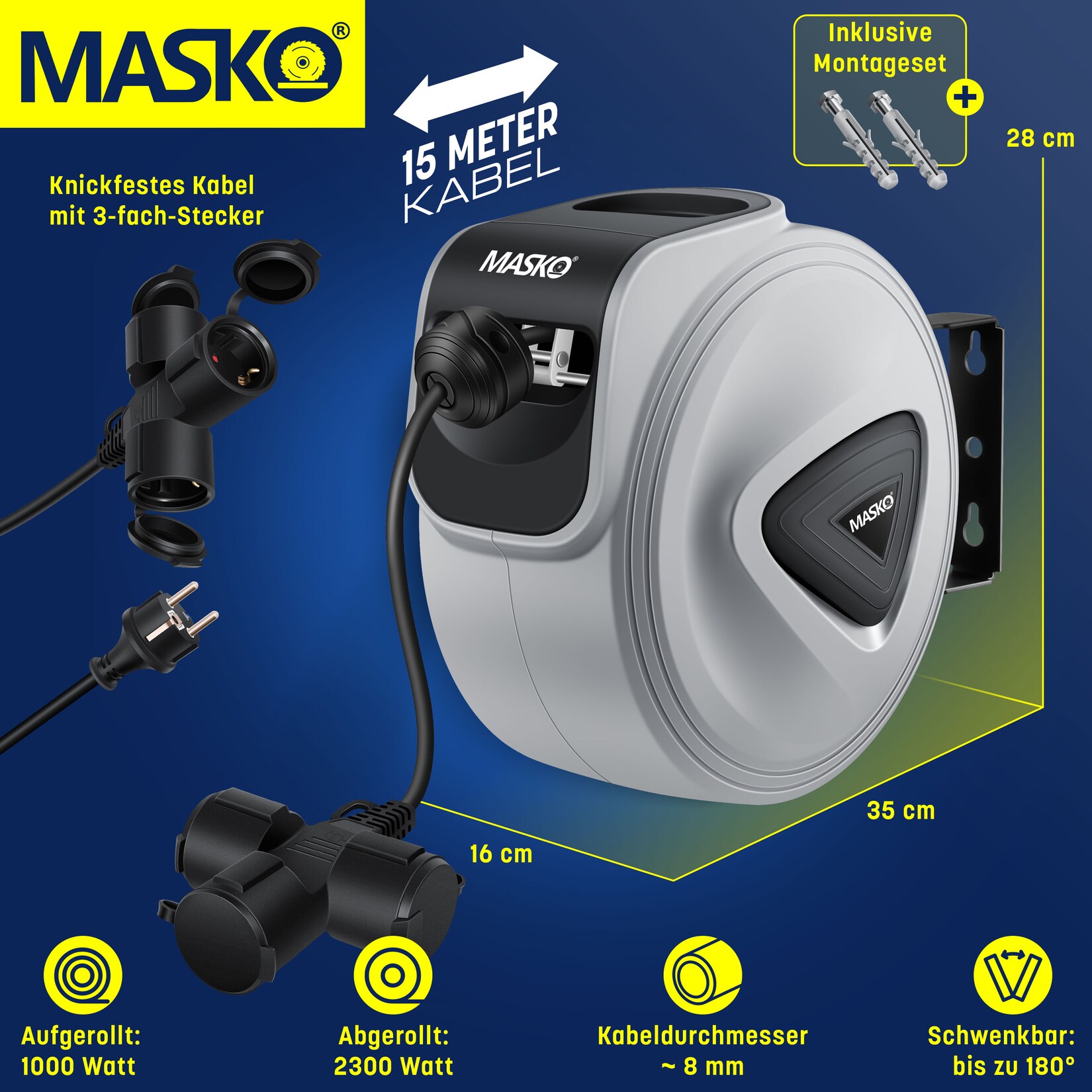 MASKO® Automatik Kabeltrommel Verlängerungskabel mit 3-Fach Anschluss 180° drehbar 1,5m Zuleitung Wandhalterung Werkstatt Kabelaufroller Automatisch Stromtrommel Schlauchaufroller Inkl. Handschuhe